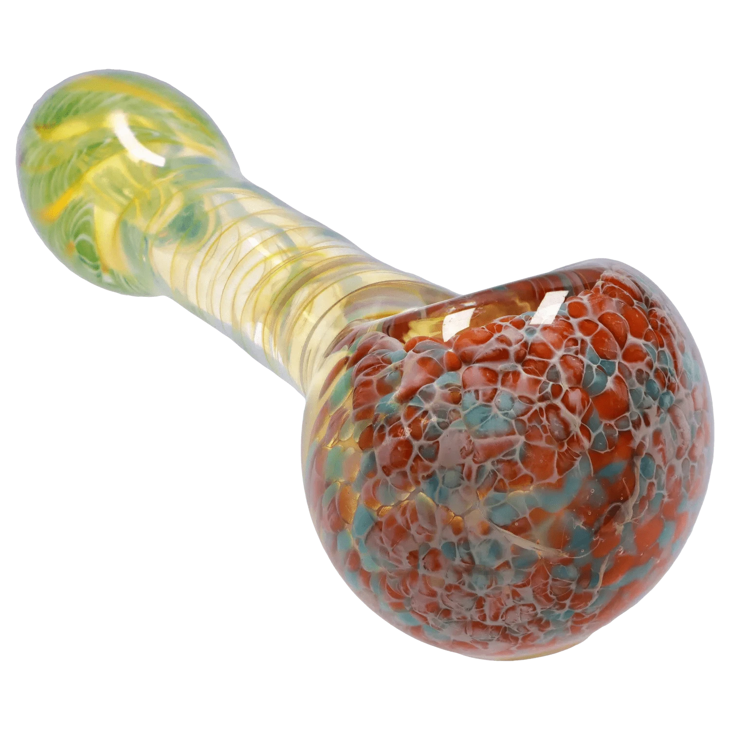 Close-up perspective of the DHC Twisting Frit Spoon Pipe - 3 in., showing a rounded bowl with red and teal frit pattern and a translucent swirled yellow neck.