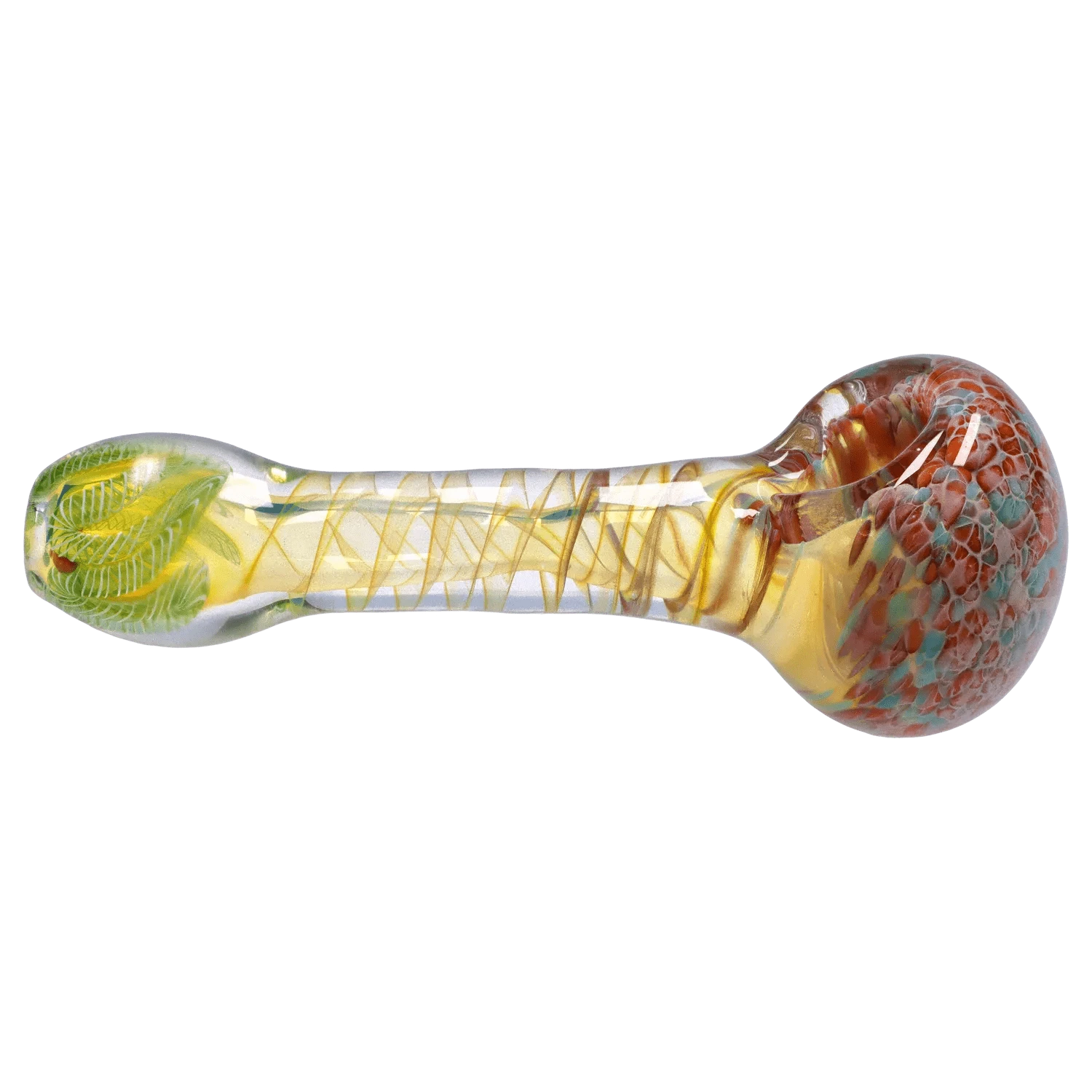Side view of the DHC Twisting Frit Spoon Pipe - 3 in., showing a clear glass body with golden spiral ribbon and a mottled red-blue bowl.