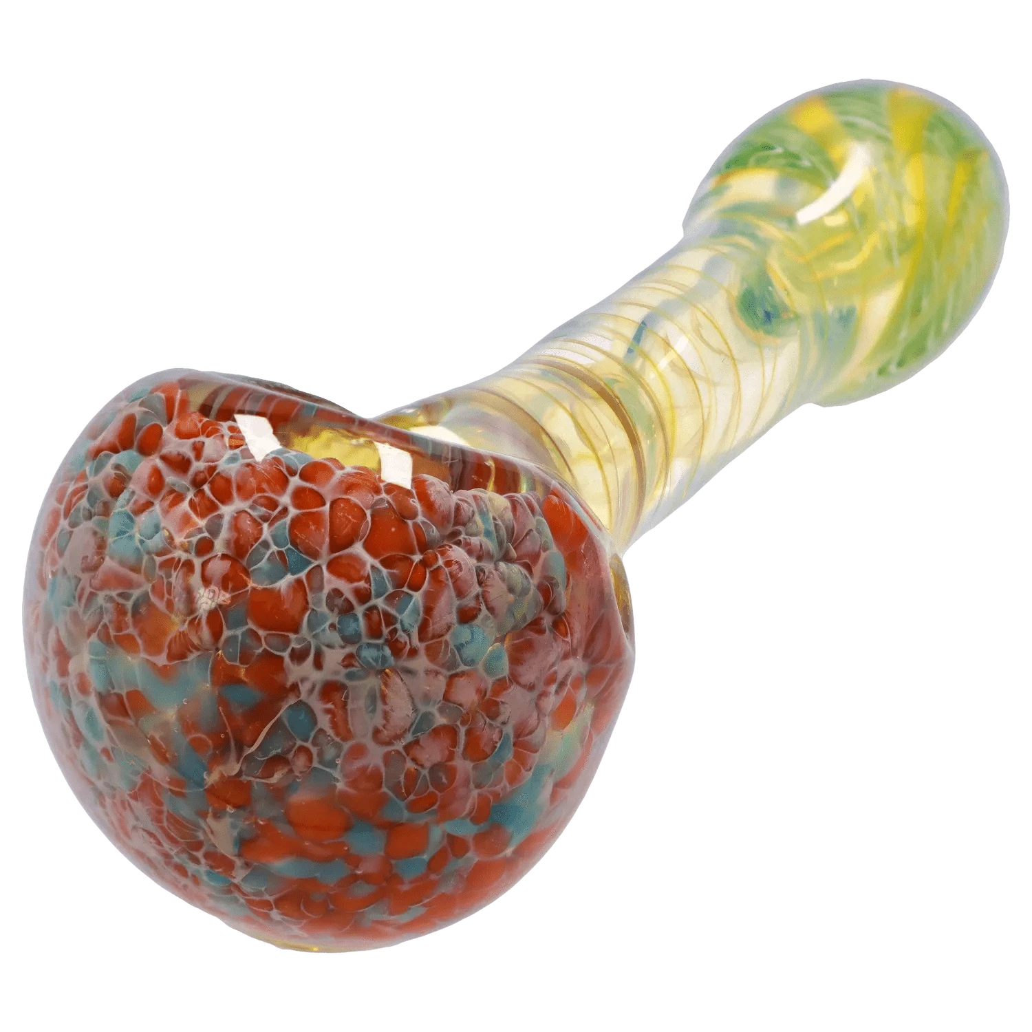 Close-up angled view of the colorful glass bowl and swirled stem of the DHC Twisting Frit Spoon Pipe - 3 in.