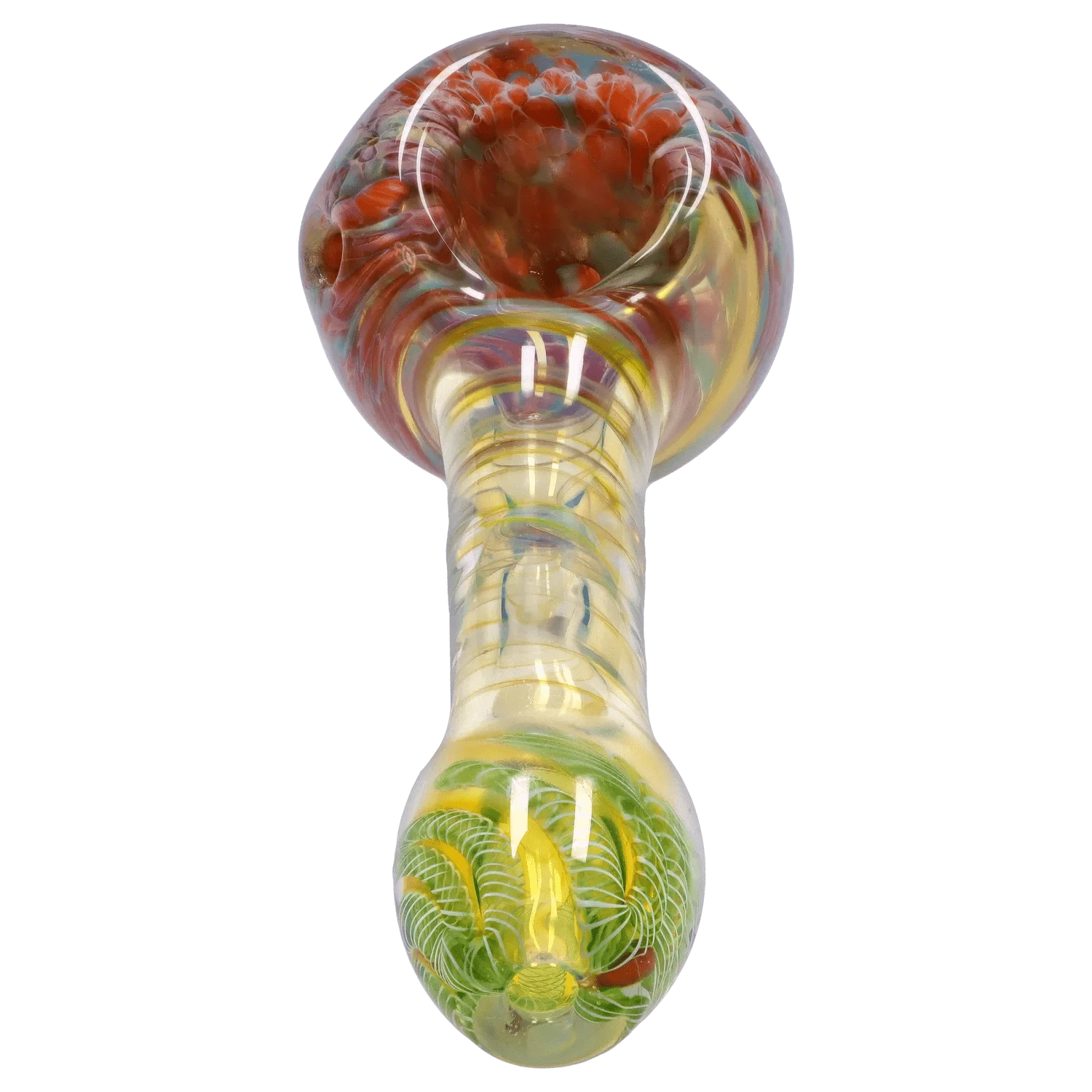 Top-down close-up of the DHC Twisting Frit Spoon Pipe - 3 in., showing a glossy bowl with red frit pattern and a swirled yellow-green neck.