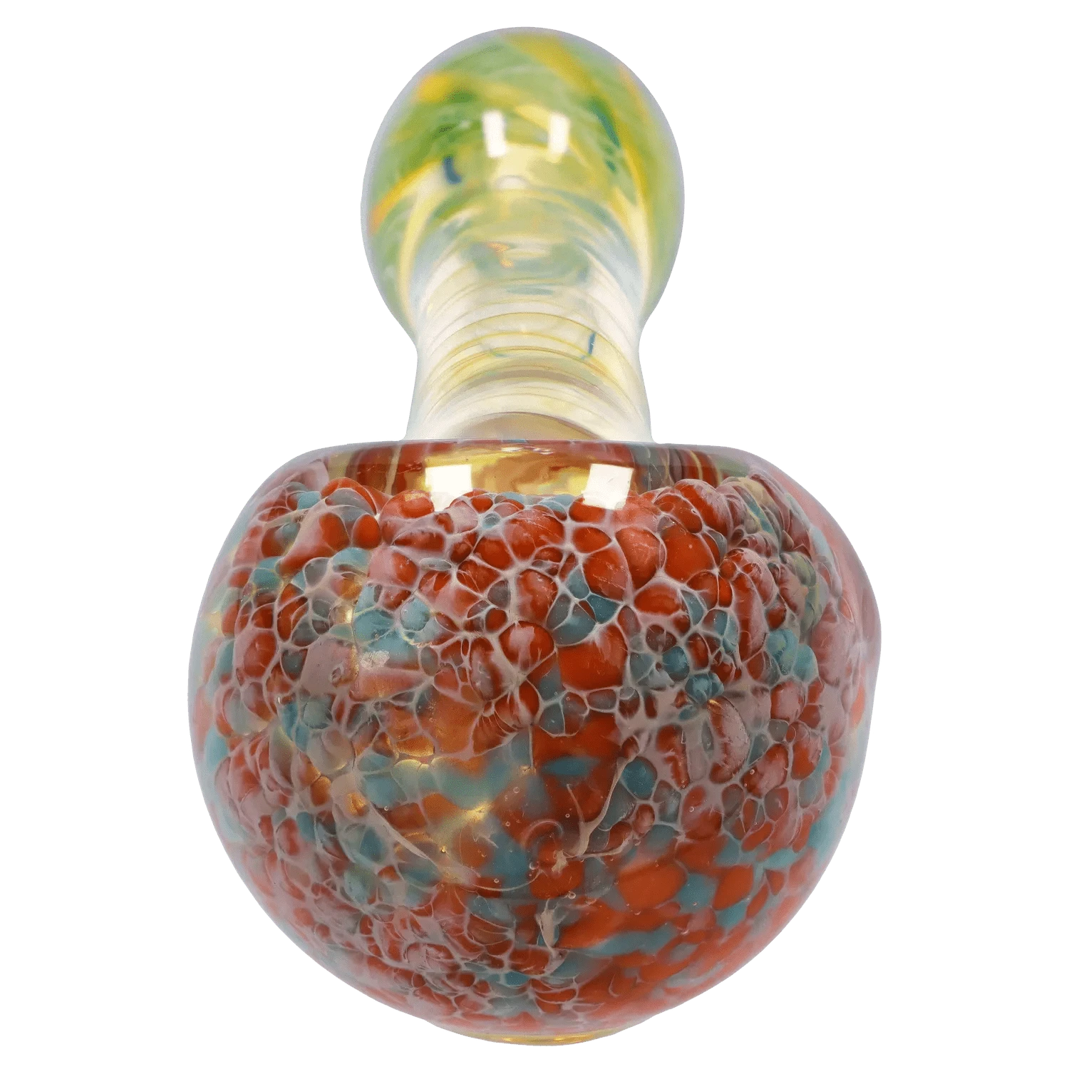 Close-up front view of the DHC Twisting Frit Spoon Pipe - 3 in., showing a bulbous red-and-blue frit bowl and a swirled pale yellow neck.