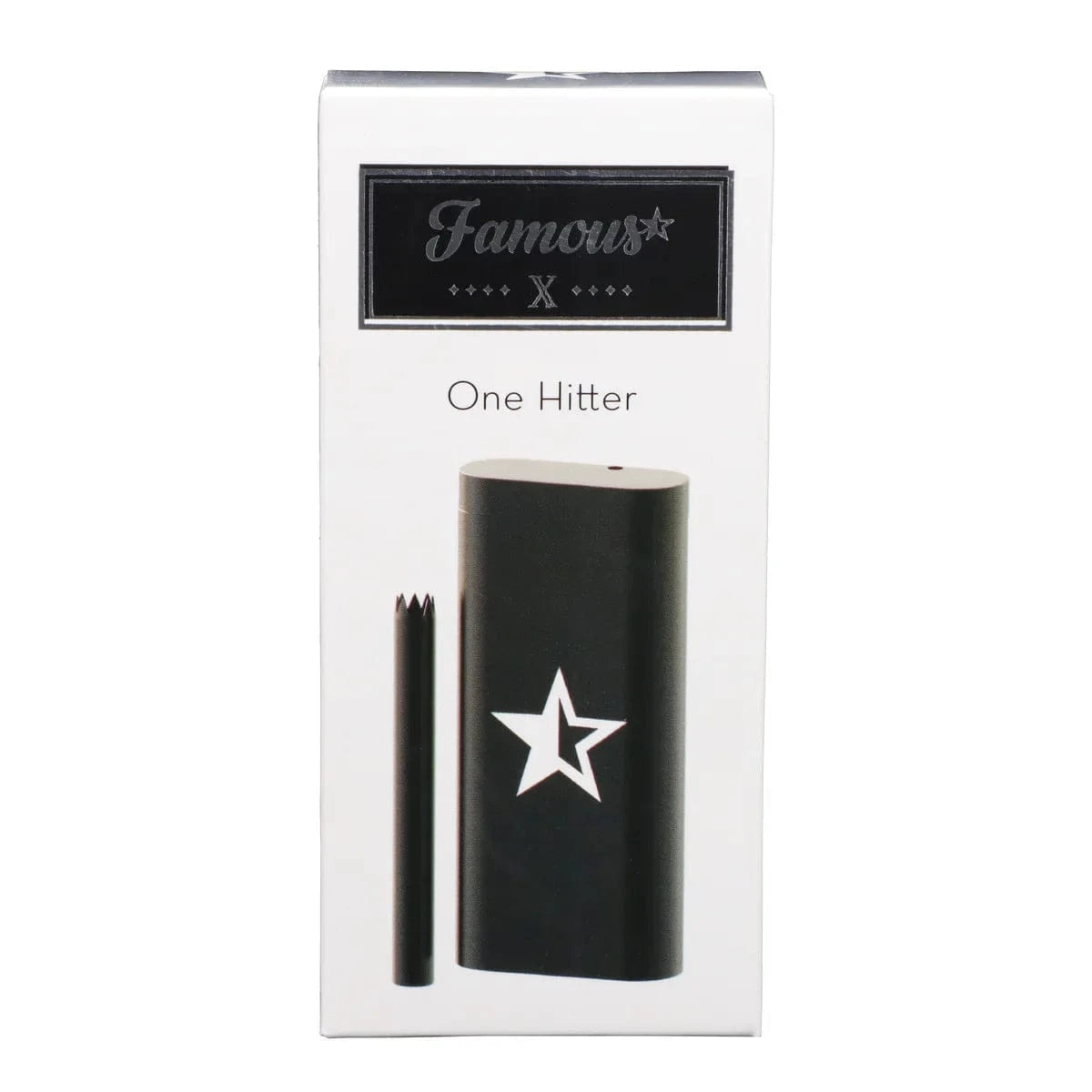 Front-facing product shot of the Famous X Aluminum Dugout in gold, shown upright against a white background with its star‑stamped case and matching one‑hitter beside it