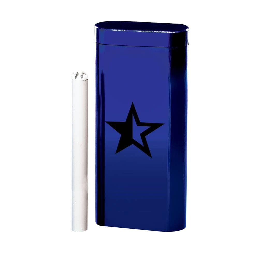 Front view of the Famous X Aluminum Dugout in glossy blue with a black star emblem beside a white poker tool.