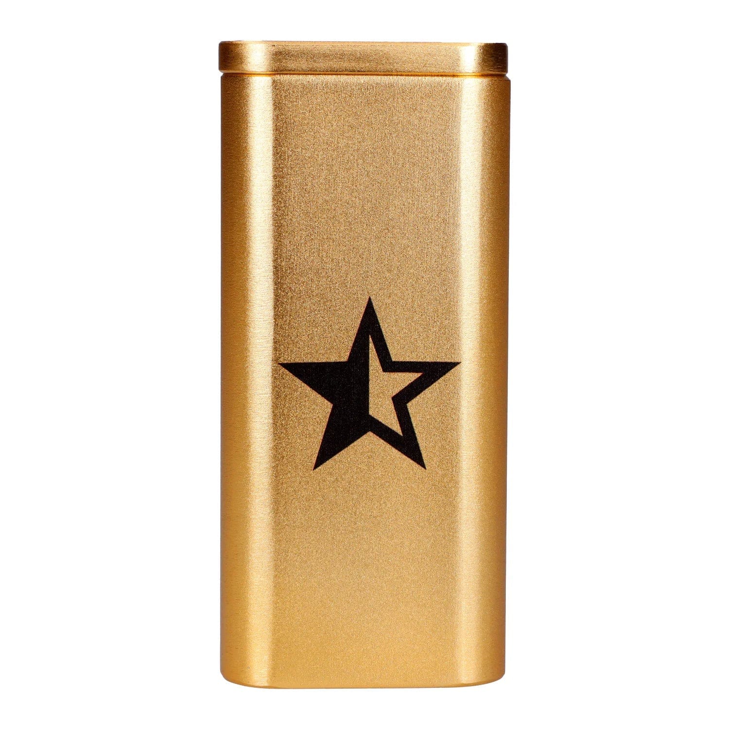 Close-up front view of the gold Famous X Aluminum Dugout showing its rectangular top edge and a black star logo.