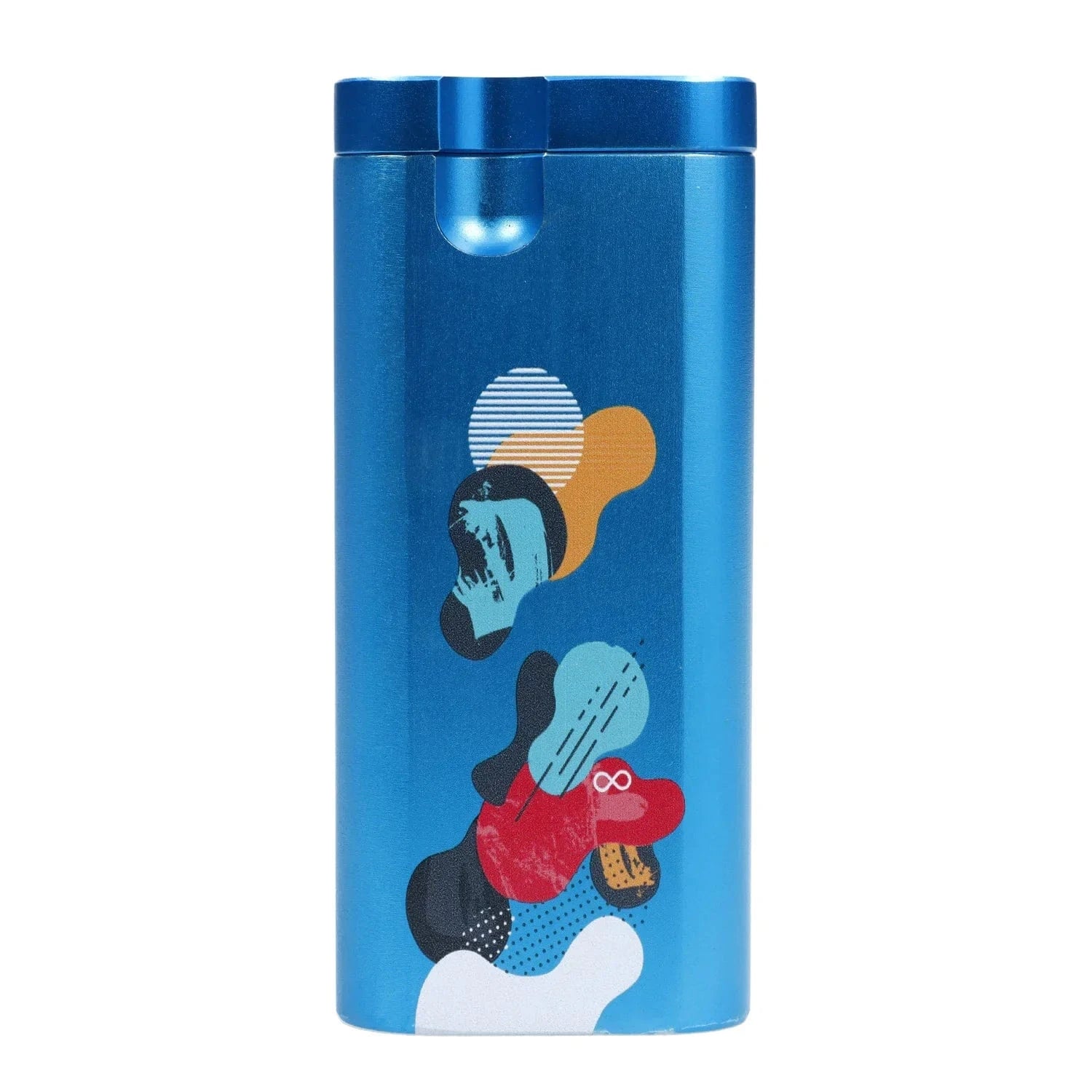 Close-up front view of the blue Famous Design Aquarius Aluminum Dugout with abstract multicolored blob graphics on a white background