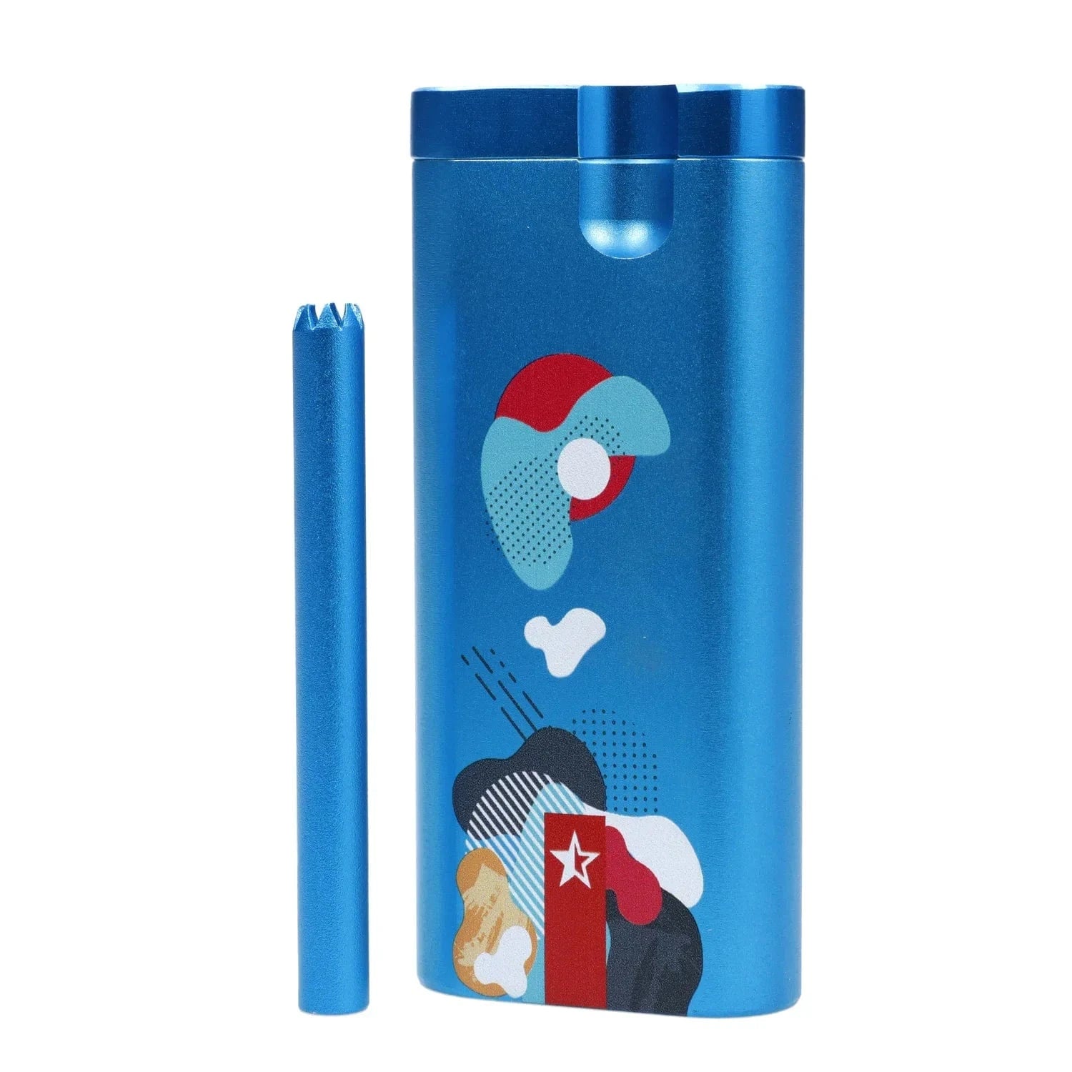 Close-up front view of the blue Famous Design Aquarius Aluminum Dugout showing its cylindrical scraper beside the decorated metallic case with abstract colorful graphics.