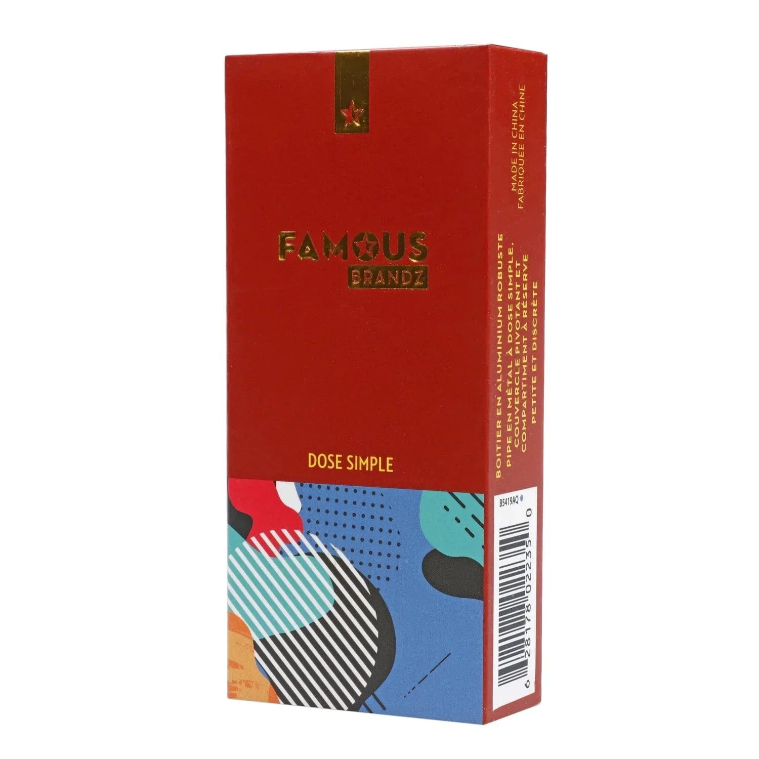 Angled close-up of the red and patterned box packaging for the Famous Design Aquarius Aluminum Dugout showing gold logo embossing and a barcode on the side
