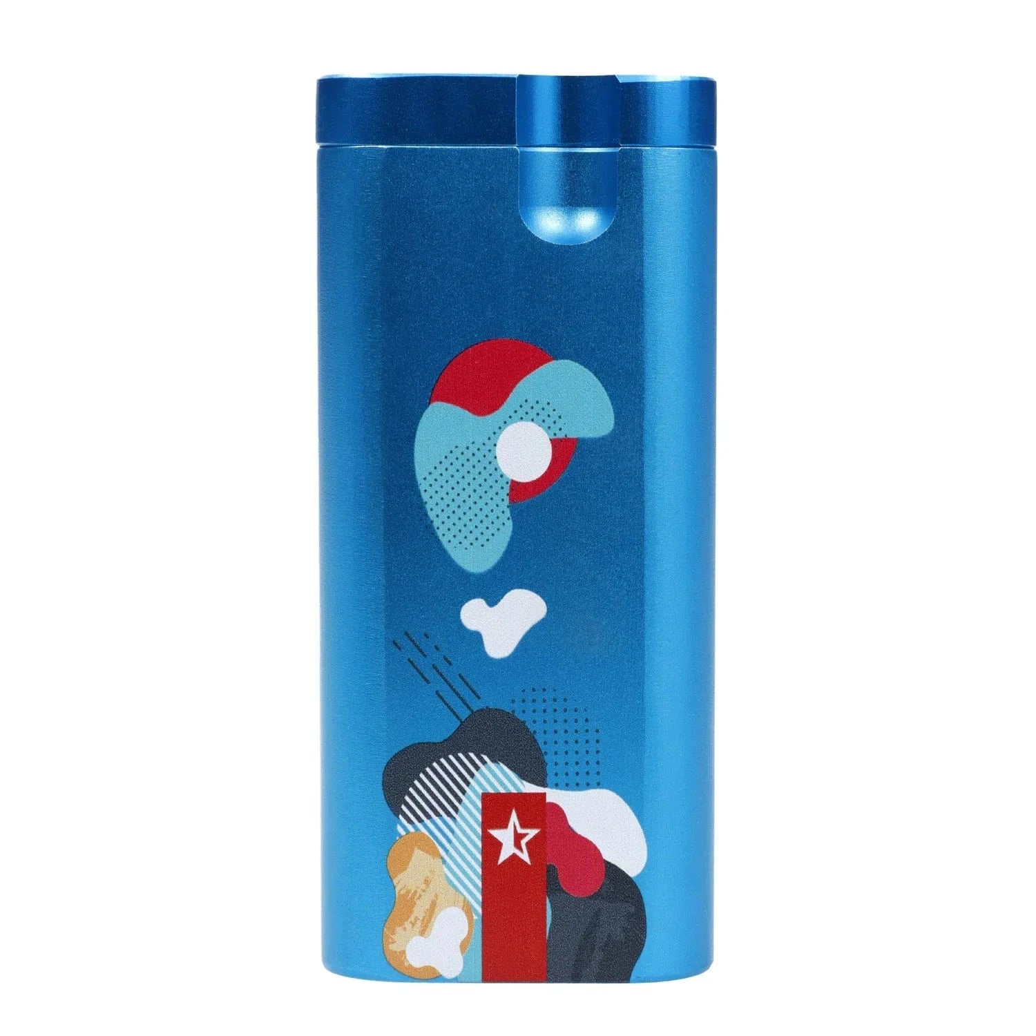 Close-up front view of the blue Famous Design Aquarius Aluminum Dugout showing its rounded top, metal seam and colorful abstract graphic.