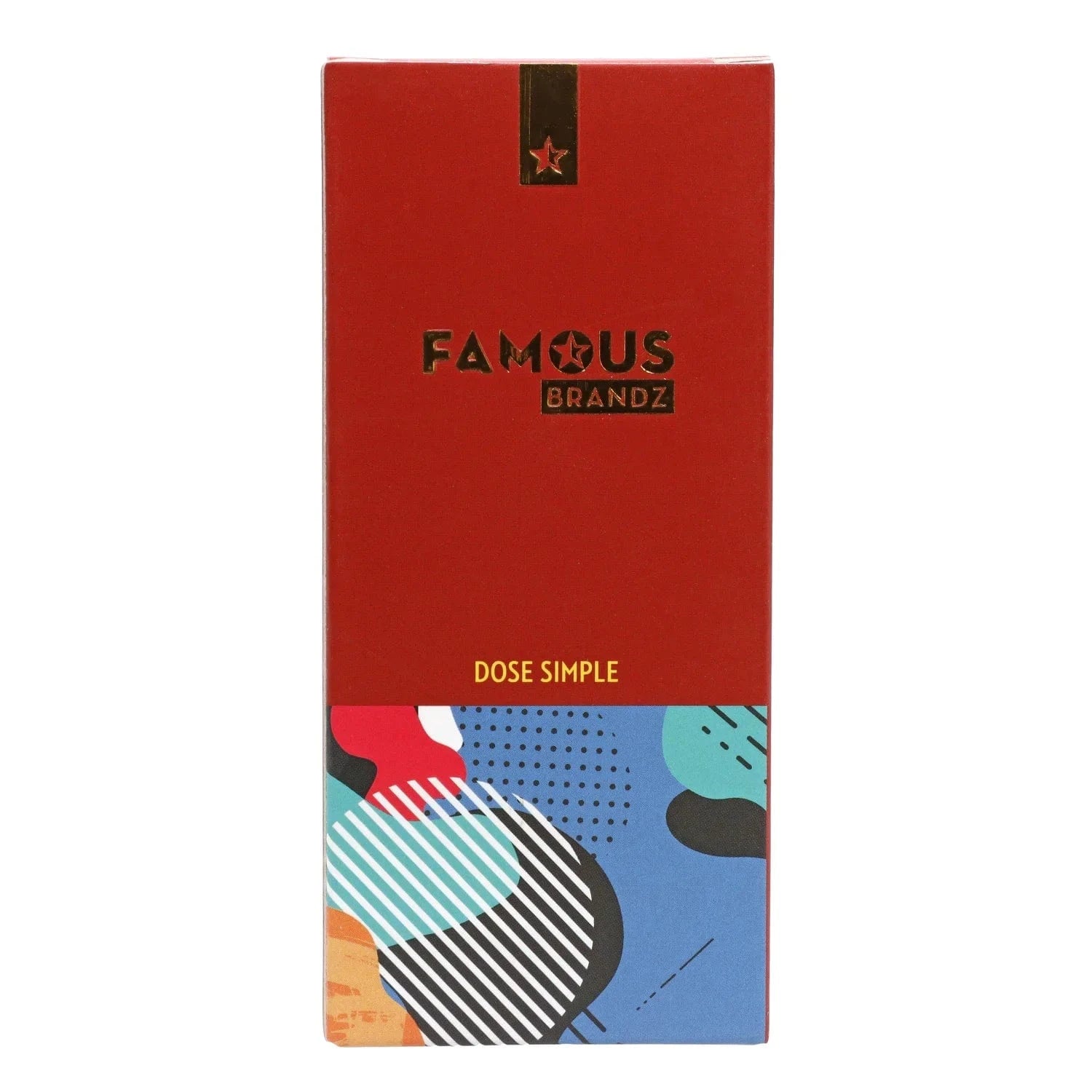 Centered front view of the Famous Design Aquarius Aluminum Dugout box with red top, gold logo and colorful abstract lower panel