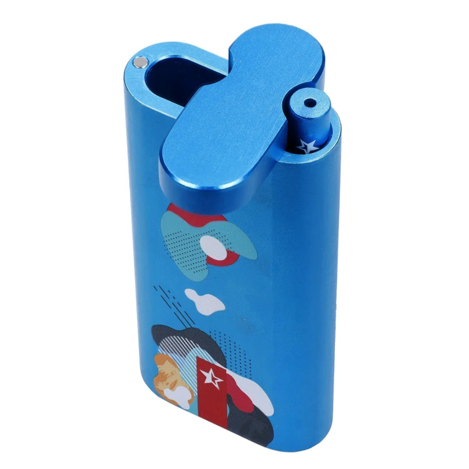 Close-up angled view of the blue Famous Design Aquarius Aluminum Dugout showing its flip-top lid and colorful abstract side print
