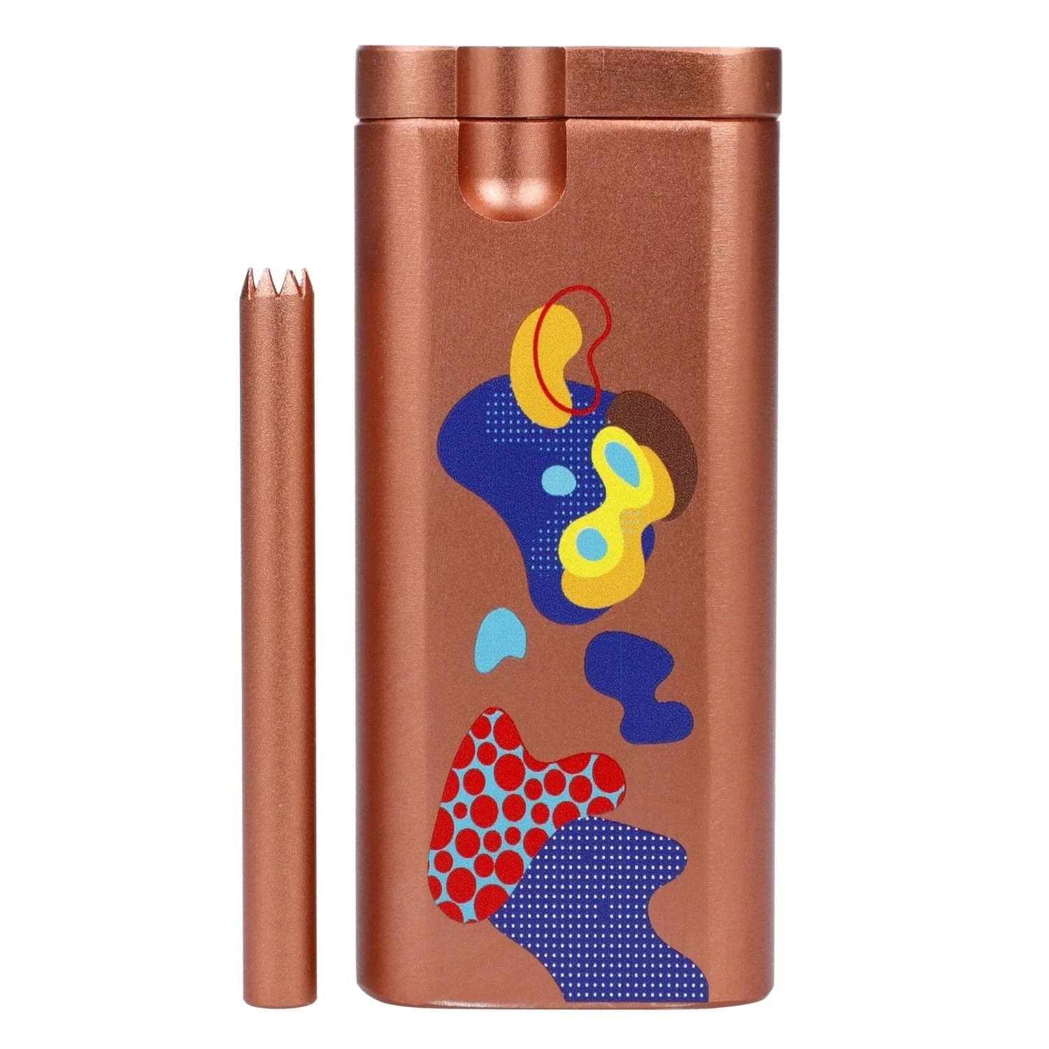 Close-up front view of the copper-toned Famous Design Papaya Aluminum Dugout showing colorful abstract decals and the matching poking tool alongside.