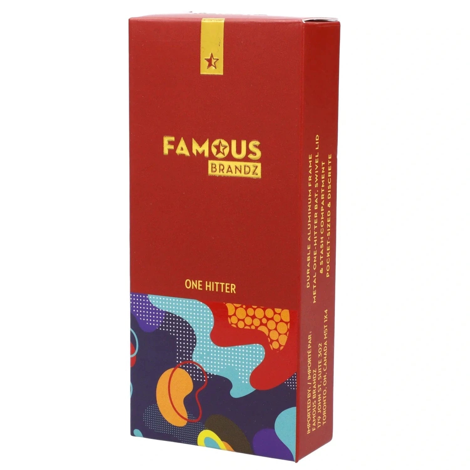 Tall three-quarter view of the red Famous Design Papaya Aluminum Dugout box with gold logo and colorful abstract lower artwork