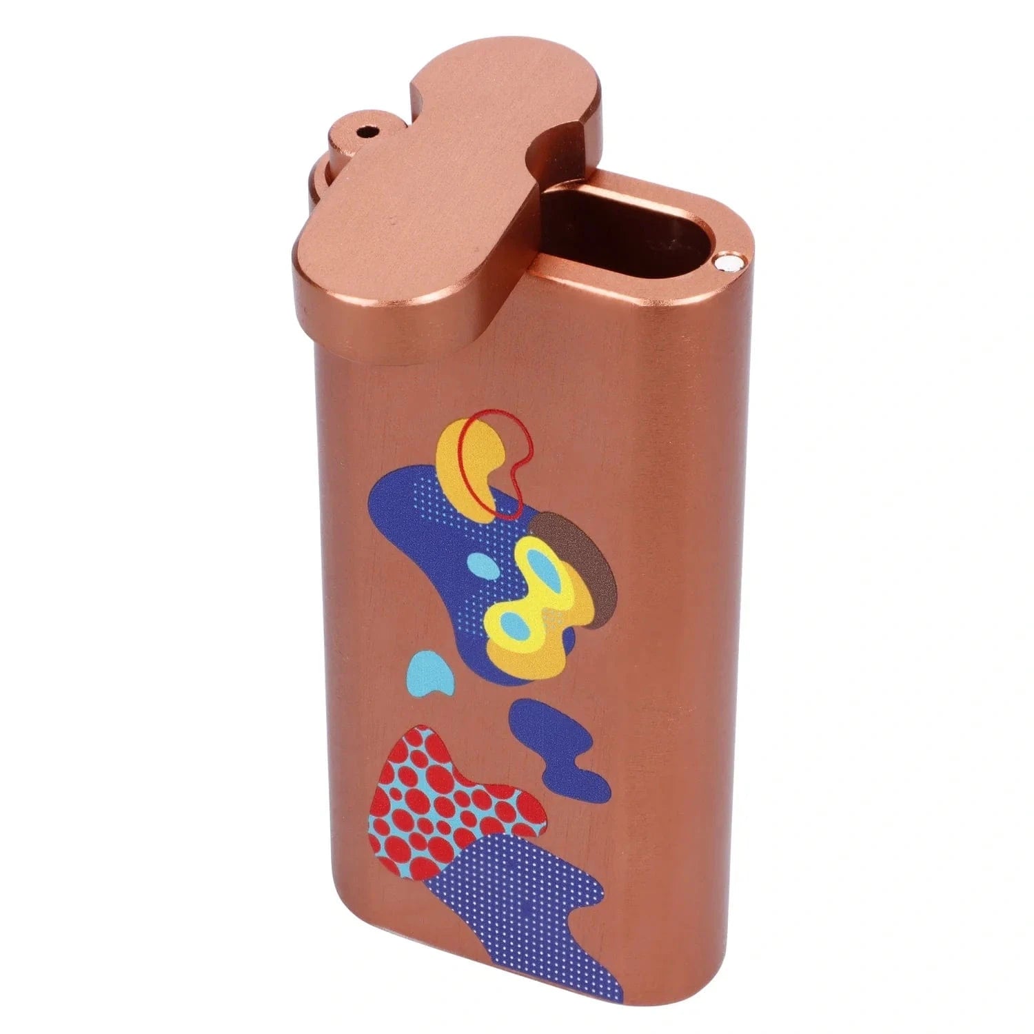 Close-up angled view of the copper-toned Famous Design Papaya Aluminum Dugout with its flip lid open and colorful abstract stickers along the front.