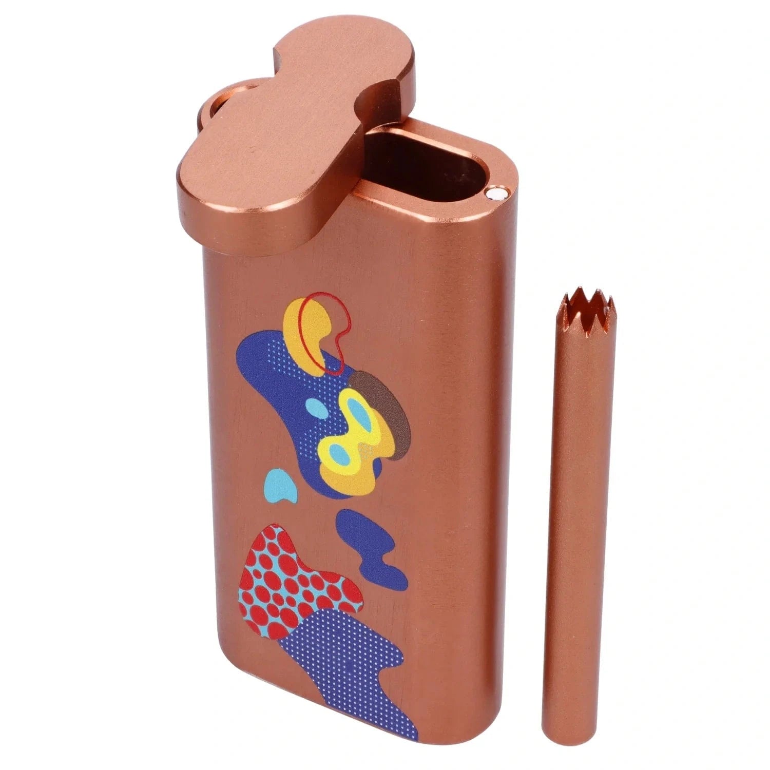 Angled close-up of the Famous Design Papaya Aluminum Dugout in metallic papaya with colorful abstract decals and its matching poking tool beside it