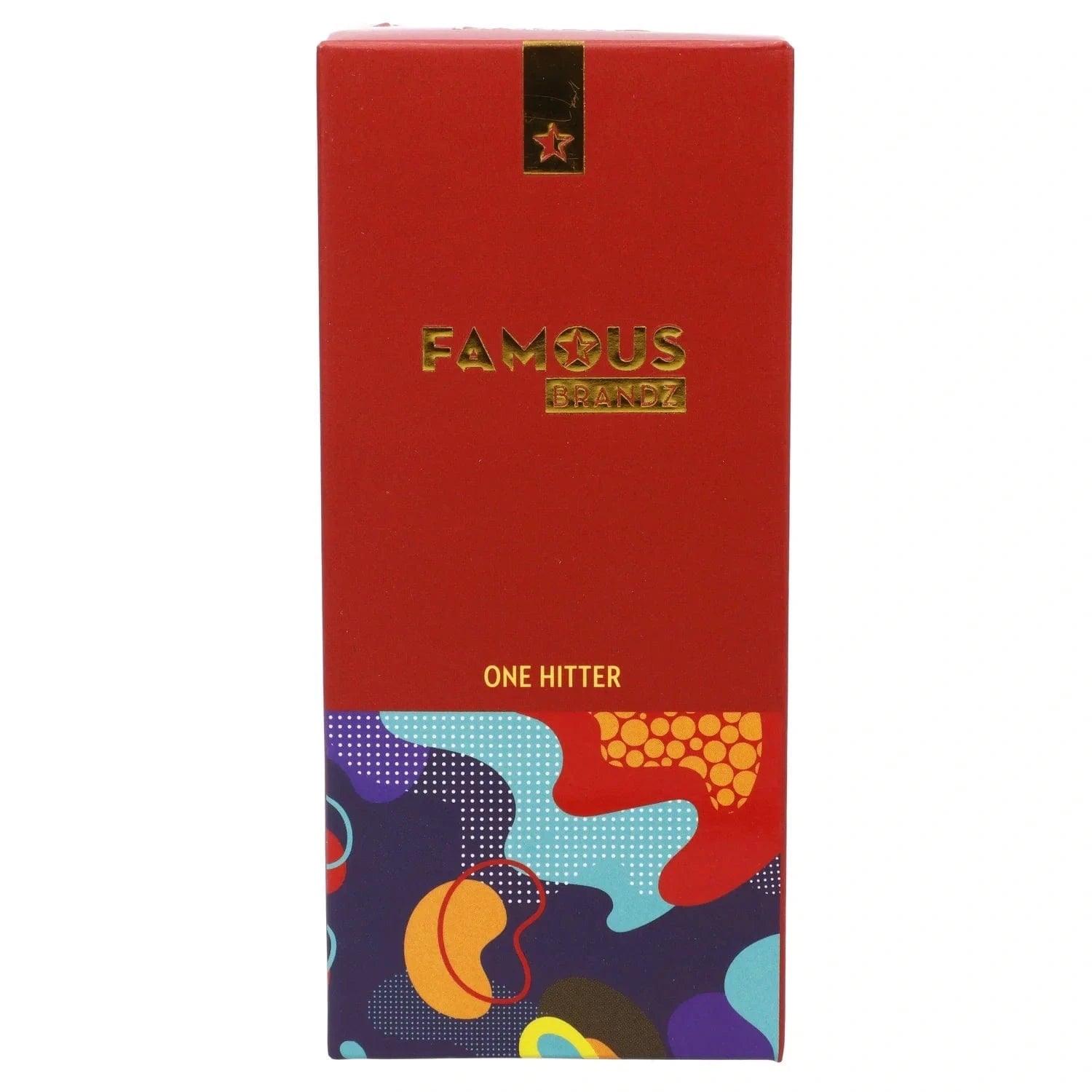 Front-facing view of the red Famous Design Papaya Aluminum Dugout box with gold logo and colorful abstract pattern at the bottom.