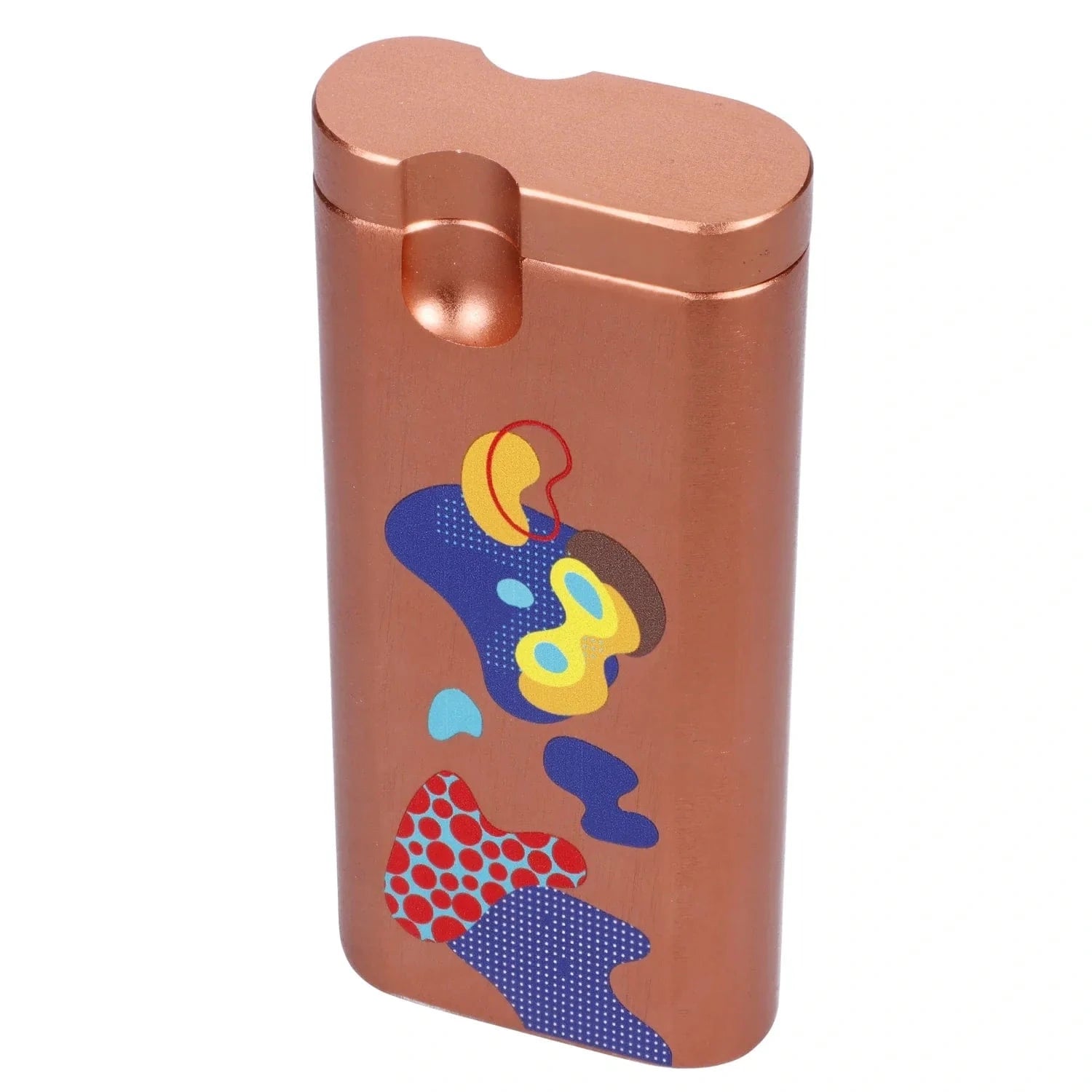 Angled close-up of a metallic papaya-colored Famous Design Papaya Aluminum Dugout showing the rounded top, built-in pinch notch, and colorful abstract stickers on its front.