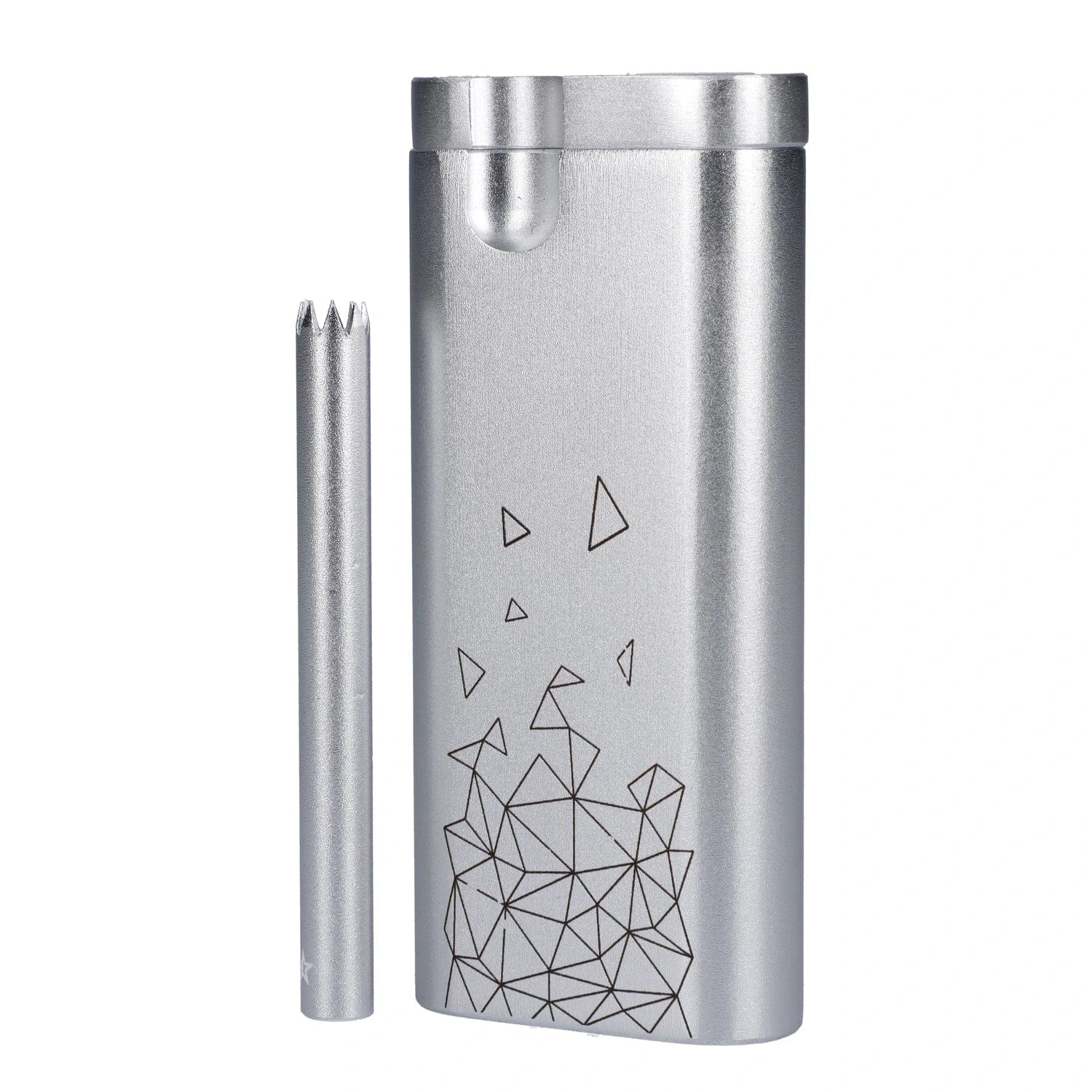 Close-up front view of the silver Famous Design Space Aluminum Dugout with geometric line art and its matching tamping tool.