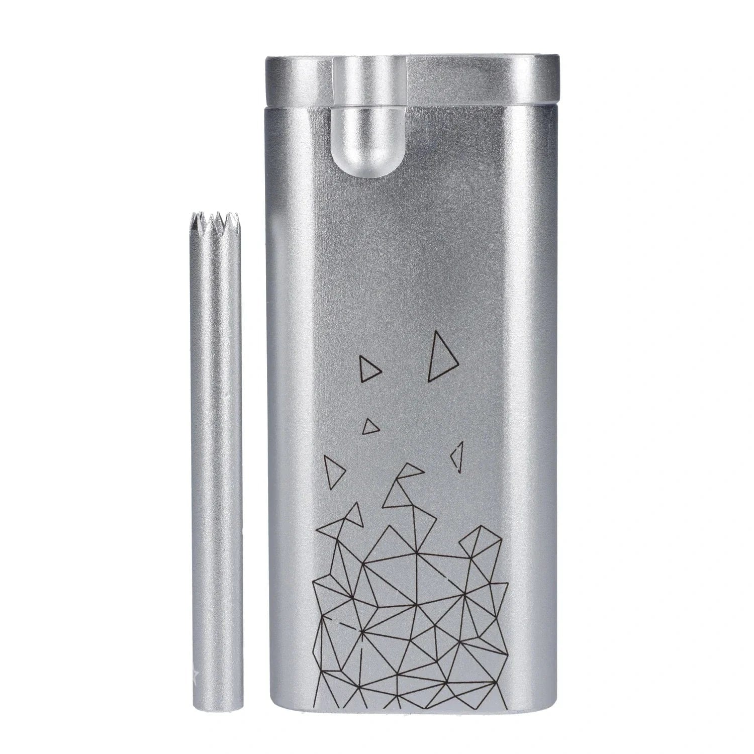 Close-up front view of the silver Famous Design Space Aluminum Dugout showing its rectangular case, detached cylindrical poker, and geometric line artwork.