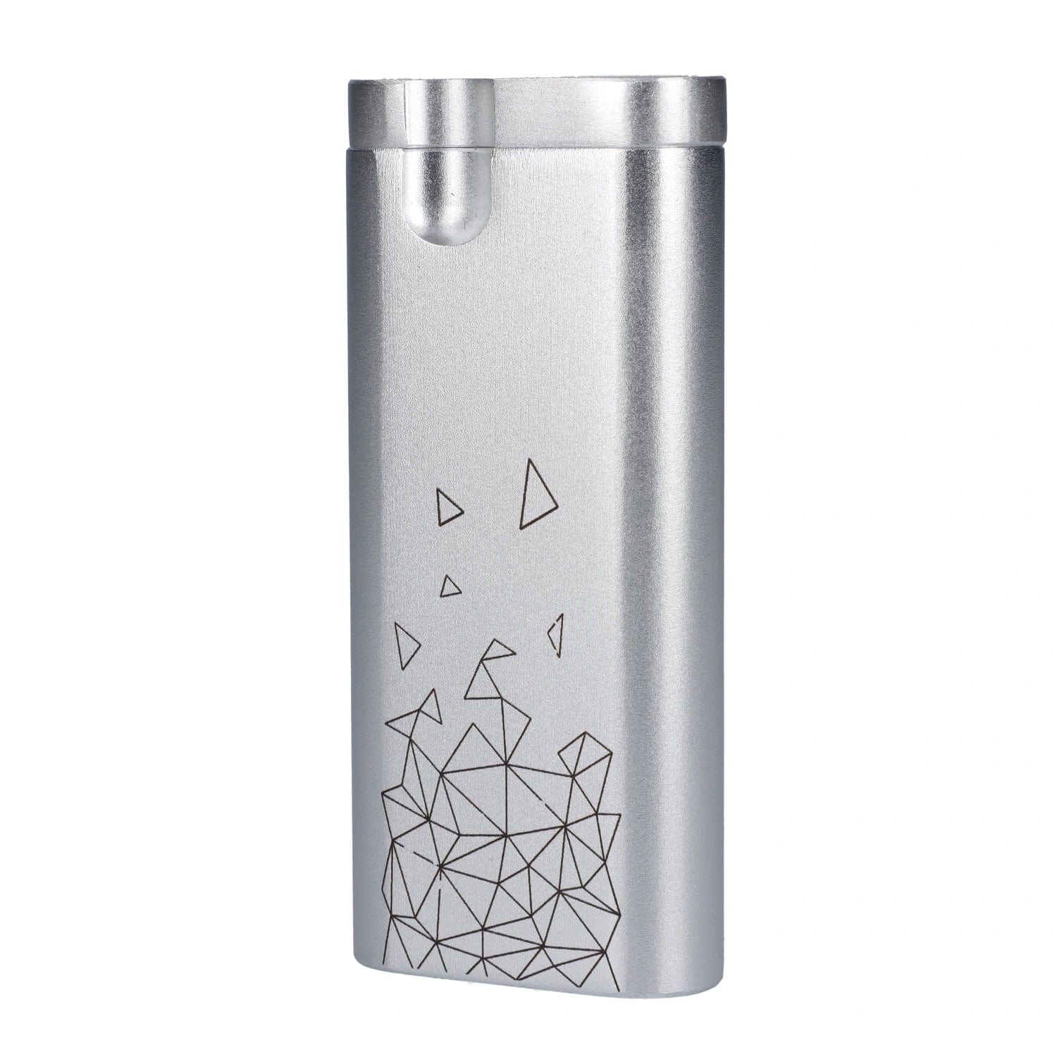 Close-up front view of the silver Famous Design Space Aluminum Dugout showing its top lid and geometric line art along the lower body.
