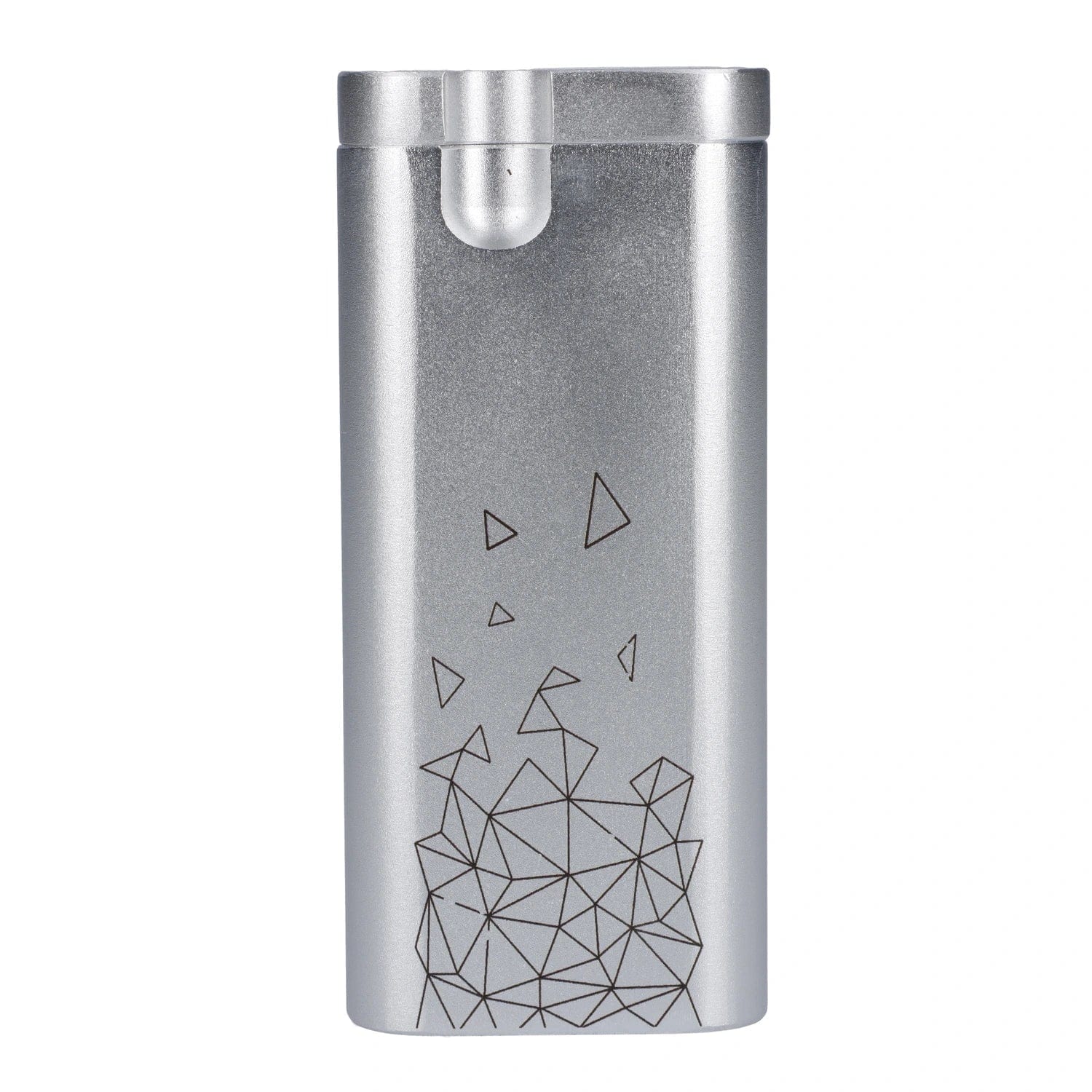 Close-up front view of the silver Famous Design Space Aluminum Dugout showing its lid lip and geometric line-art on a white background