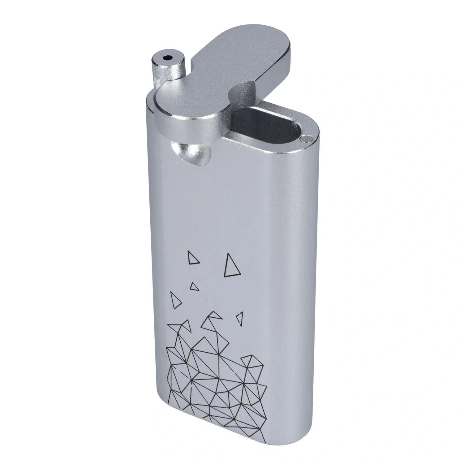 Angled close-up of a silver Famous Design Space Aluminum Dugout with its hinged top open, showing the oval chamber and geometric line pattern on the body.
