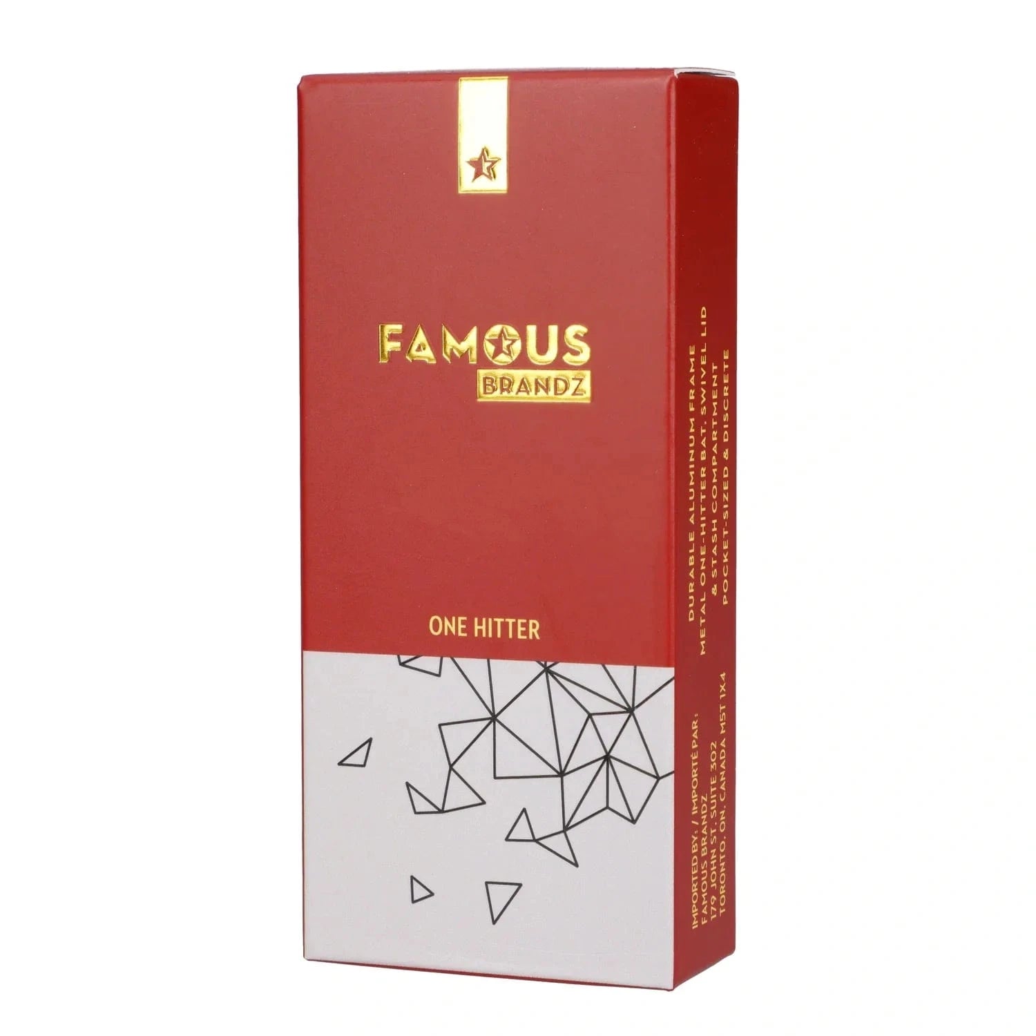 Tall three-quarter view of the Famous Design Space Aluminum Dugout red and white box with gold foil logo and geometric line art.