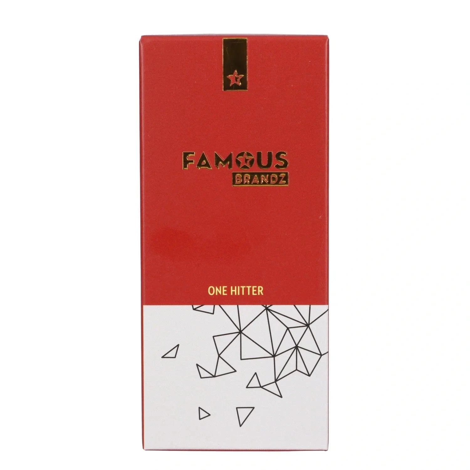 Centered front view of the Famous Design Space Aluminum Dugout box with a red upper panel, gold logo and white geometric lower section.