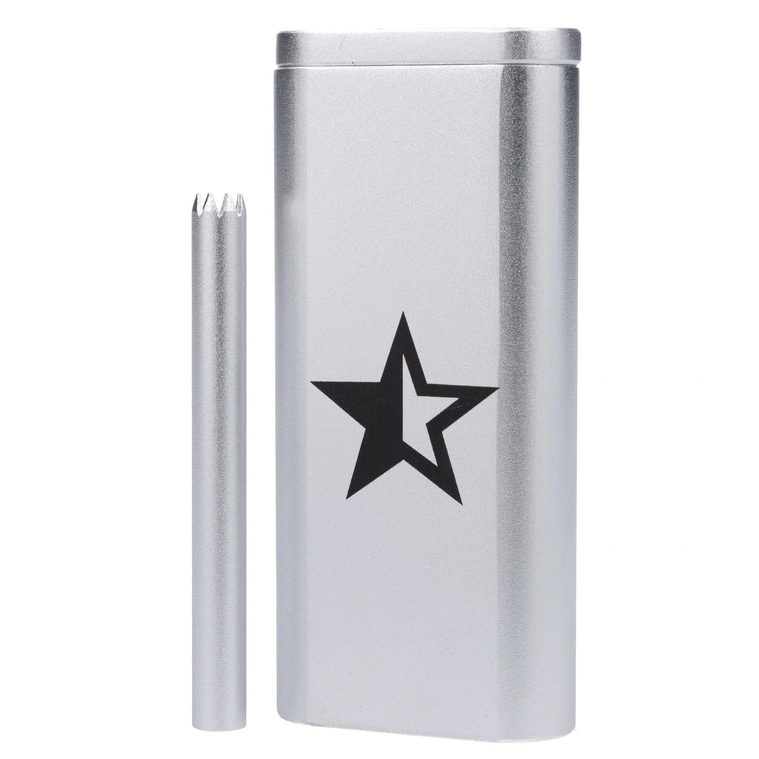 Close-up front view of the silver Famous X Aluminum Dugout showing its rectangular tube, separate bat with notched tip, and a black star logo.