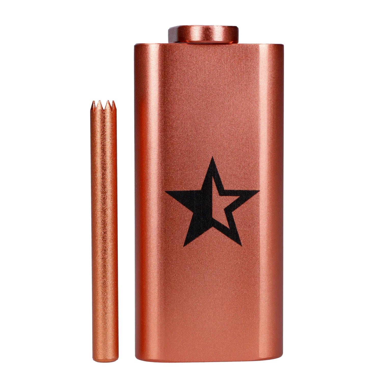 Close-up front view of the copper-colored Famous X Aluminum Dugout showing its rectangular body with a black star logo and a matching crowbar beside it.