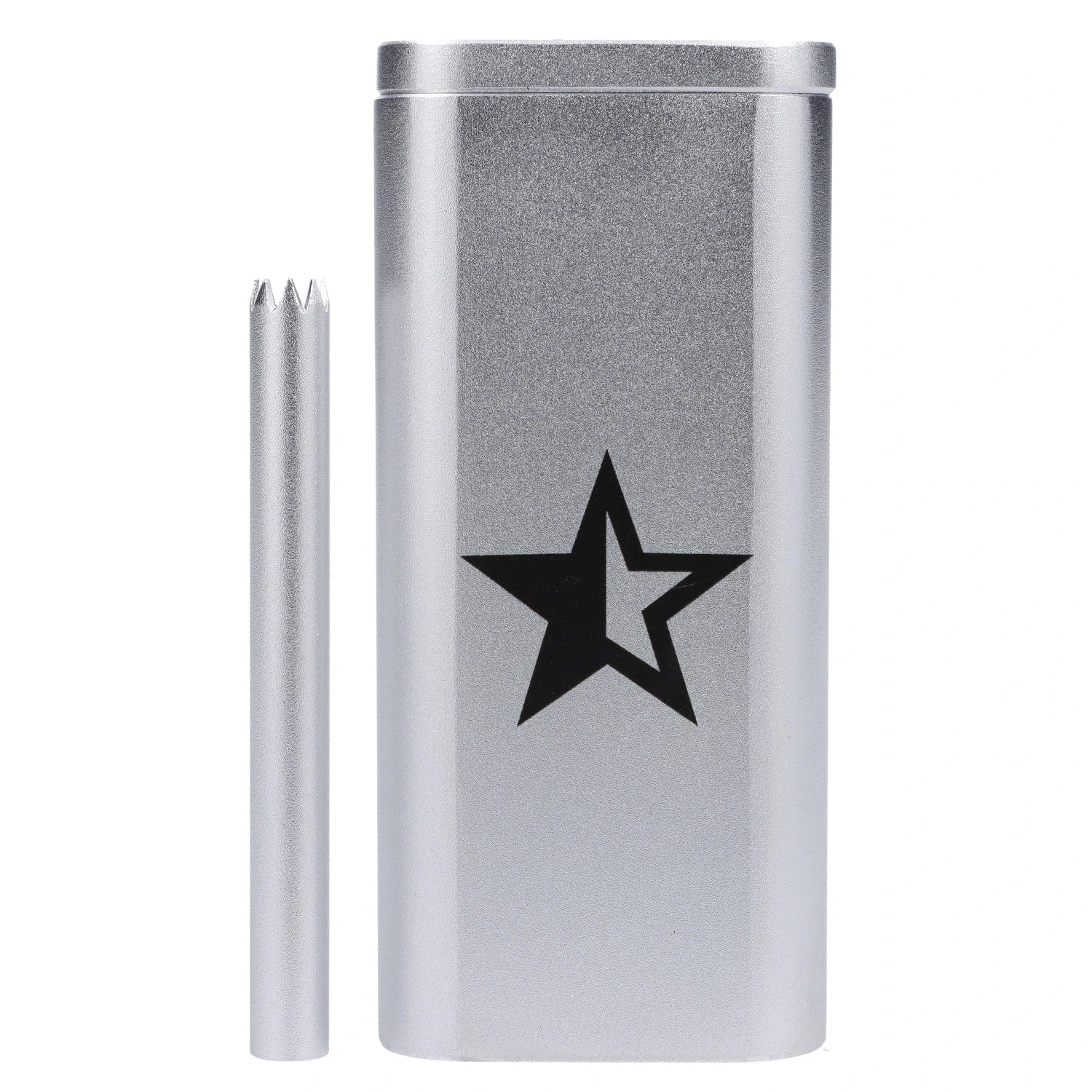 Close-up front view of the Famous X Aluminum Dugout in silver with a black star graphic and its matching bat shown against a white background.