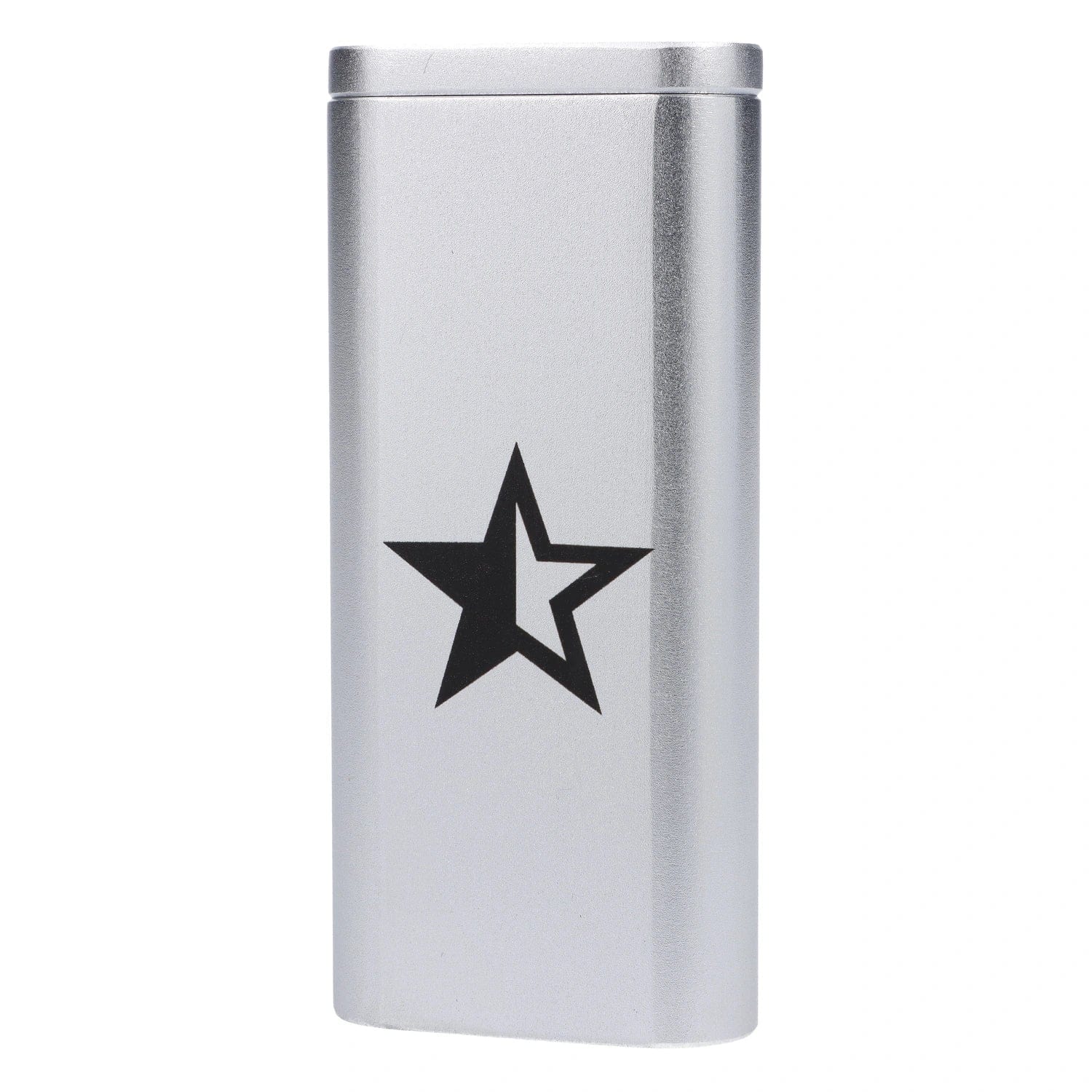 Close-up front view of the silver Famous X Aluminum Dugout showing its rectangular top and a black star logo on the face.