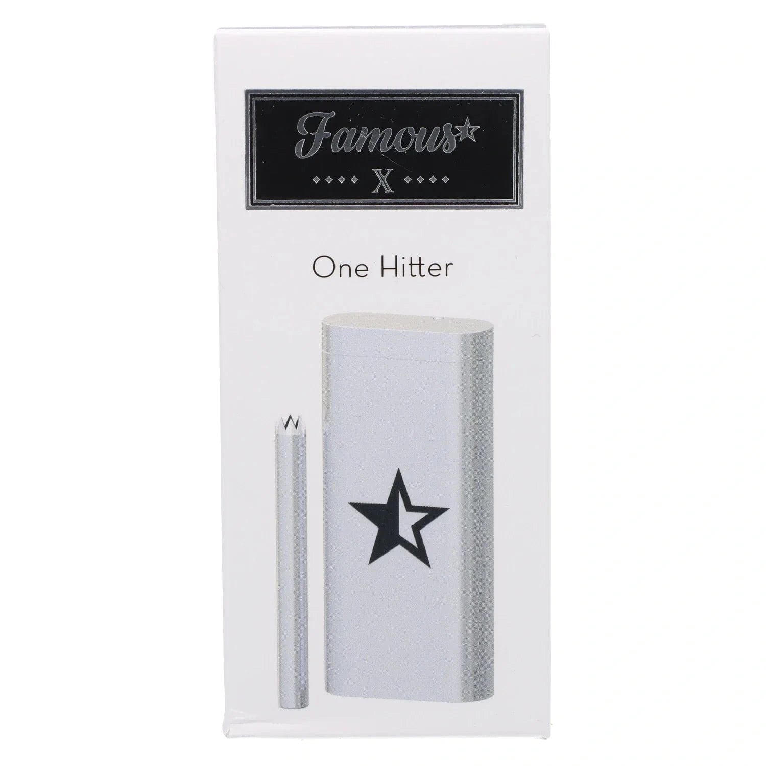 Front view of the Famous X Aluminum Dugout packaging showing a silver dugout and one-hitter pictured against a white background.