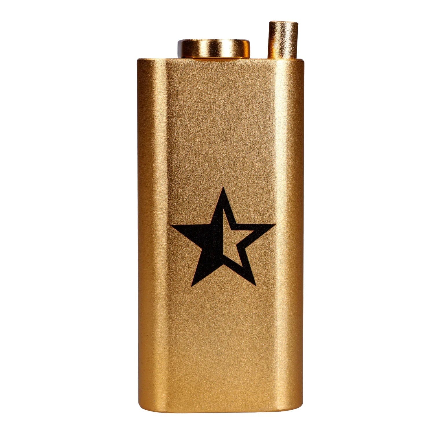 Close-up front view of the Famous X Aluminum Dugout in metallic gold showing its rectangular body, rounded top with a pipe stem, and a black star logo.