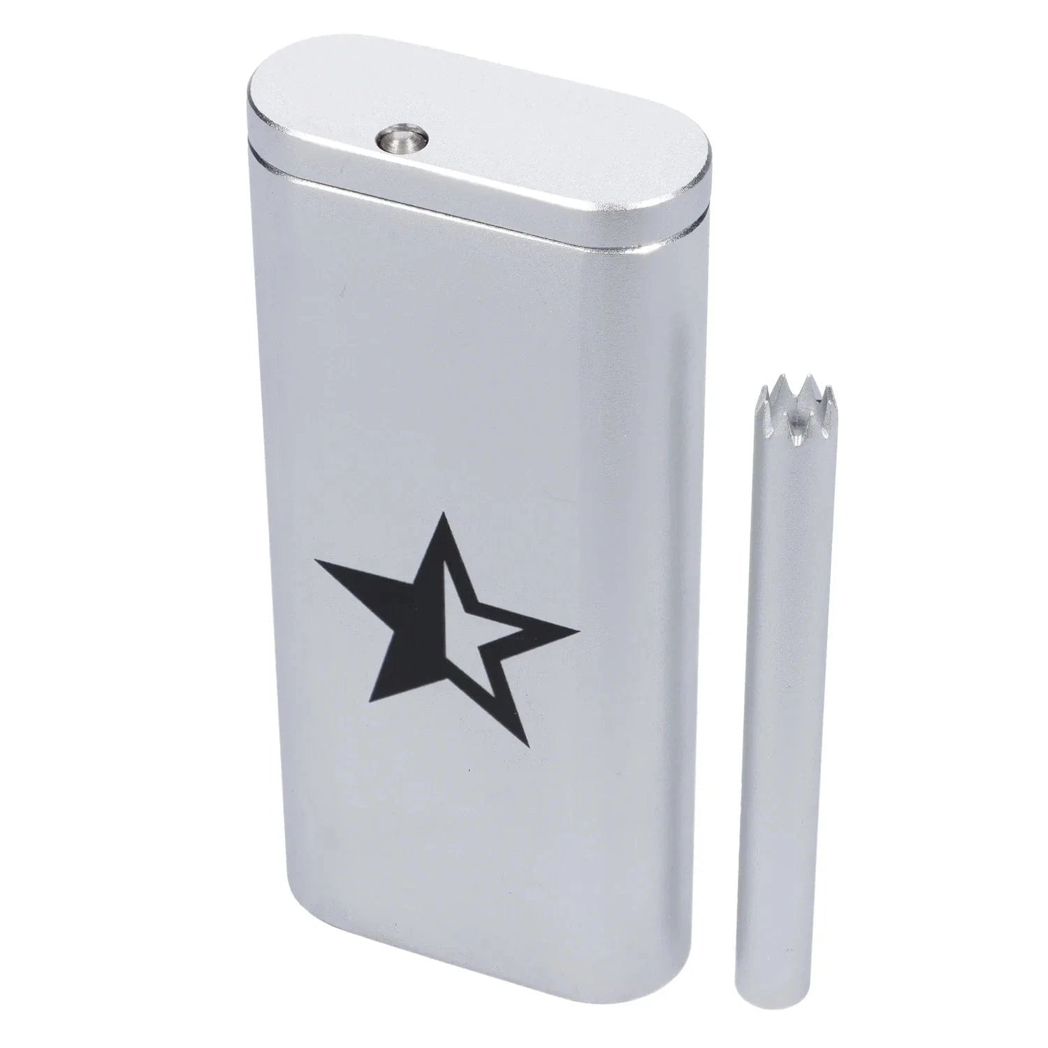 Angled close-up of the silver Famous X Aluminum Dugout showing its rounded top, black star logo, and matching poking tool beside it