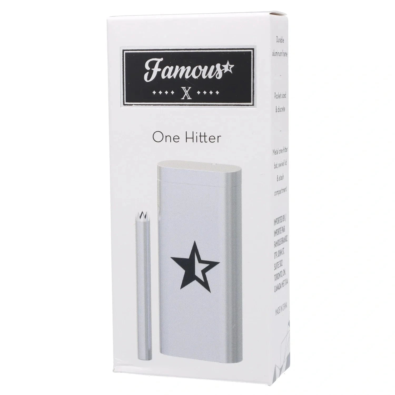 Angled close-up of the Famous X Aluminum Dugout box showing a silver dugout and bat with a black star graphic and white background
