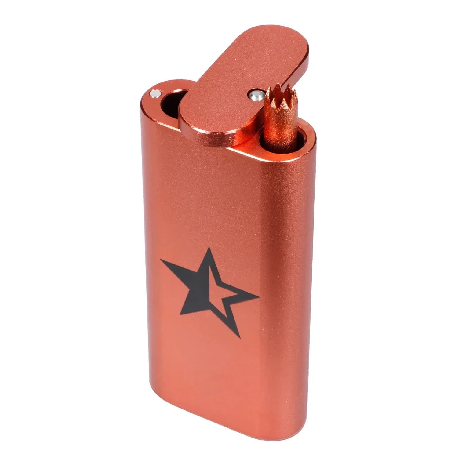 Angled close-up of the metallic red Famous X Aluminum Dugout showing its flip-top compartment, jagged inside scraper, and black star logo.