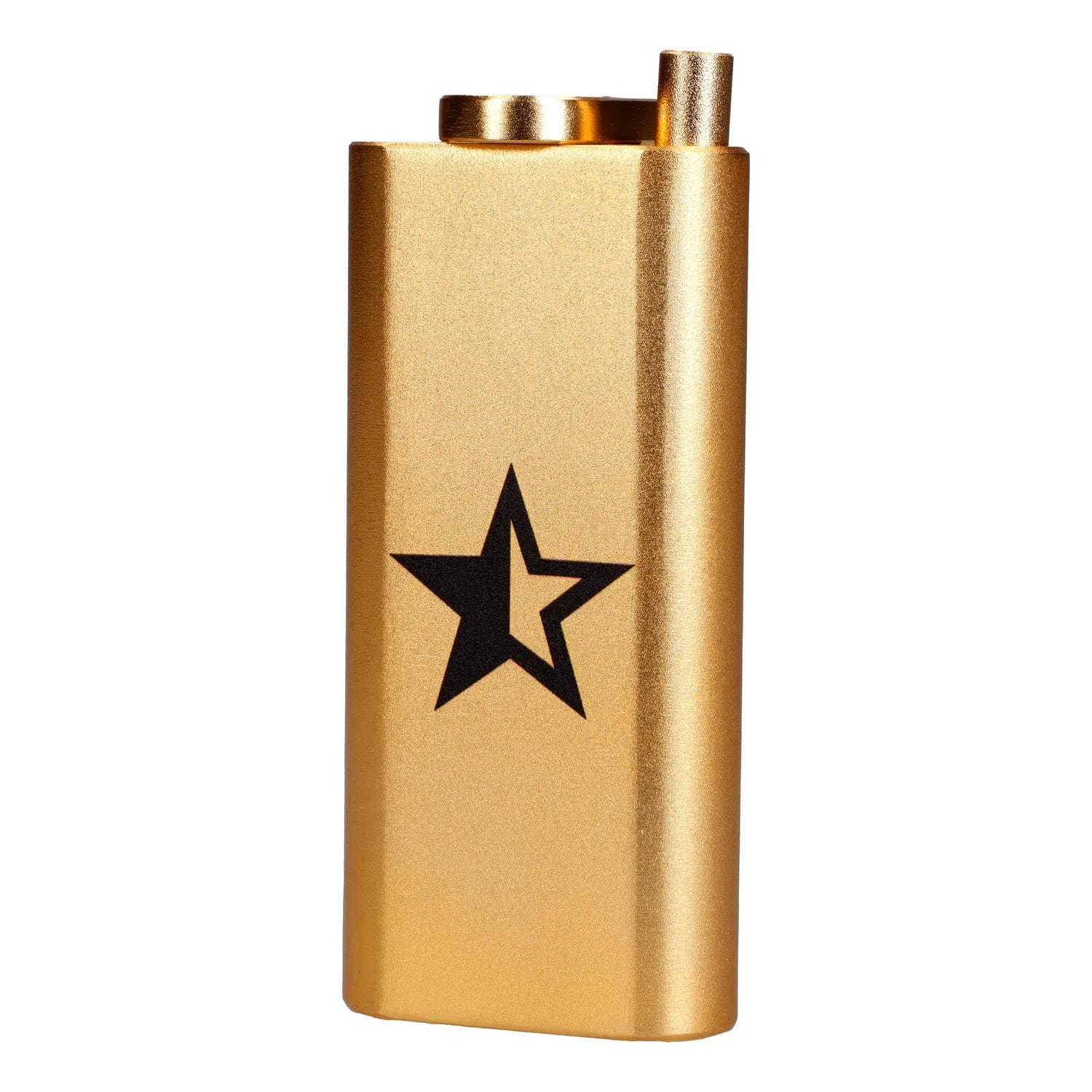 Close-up front view of the gold Famous X Aluminum Dugout showing its rectangular body, black star logo, and top cap on a white background