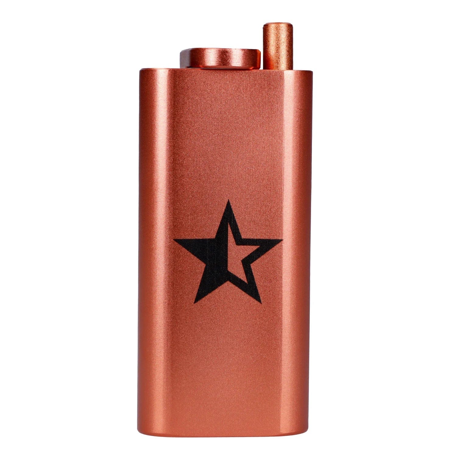 Close-up front view of the copper-colored Famous X Aluminum Dugout showing its rounded rectangular body, top cap and black star logo.