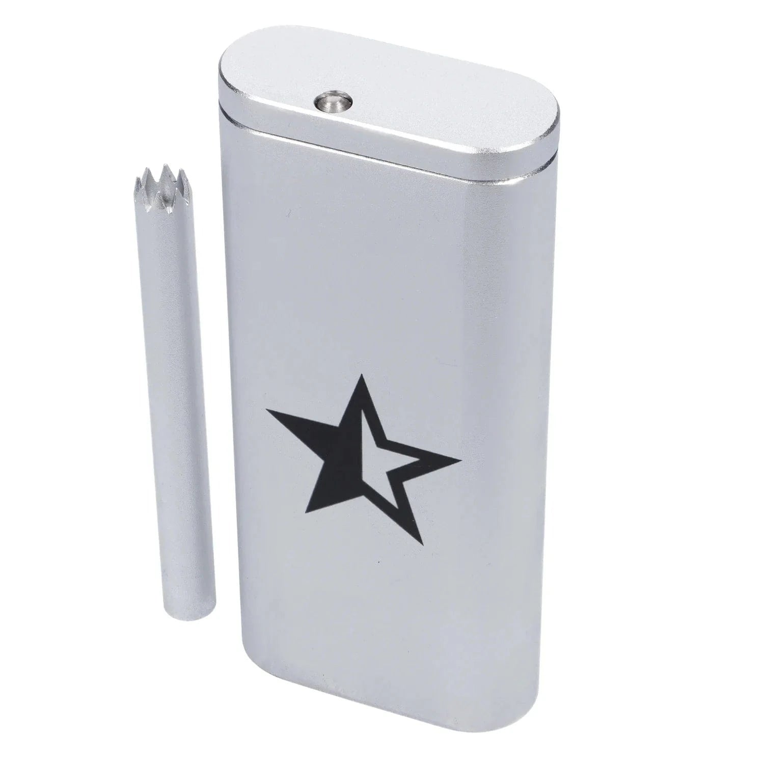 Close-up three-quarter view of the silver Famous X Aluminum Dugout showing its rounded top, black star logo, and matching silver tamping stick.