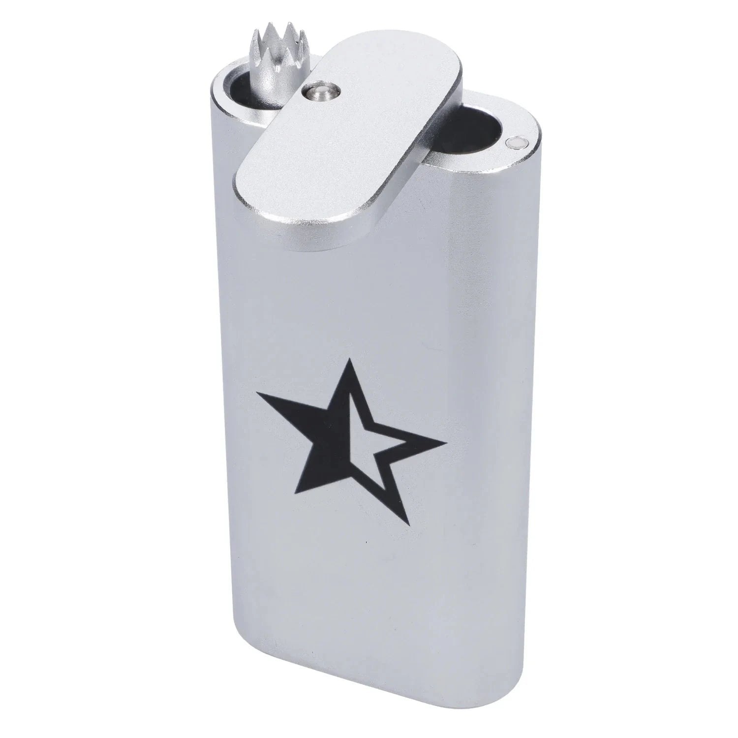 Angled close-up of the silver Famous X Aluminum Dugout showing its swivel top, twin chambers and black star logo.