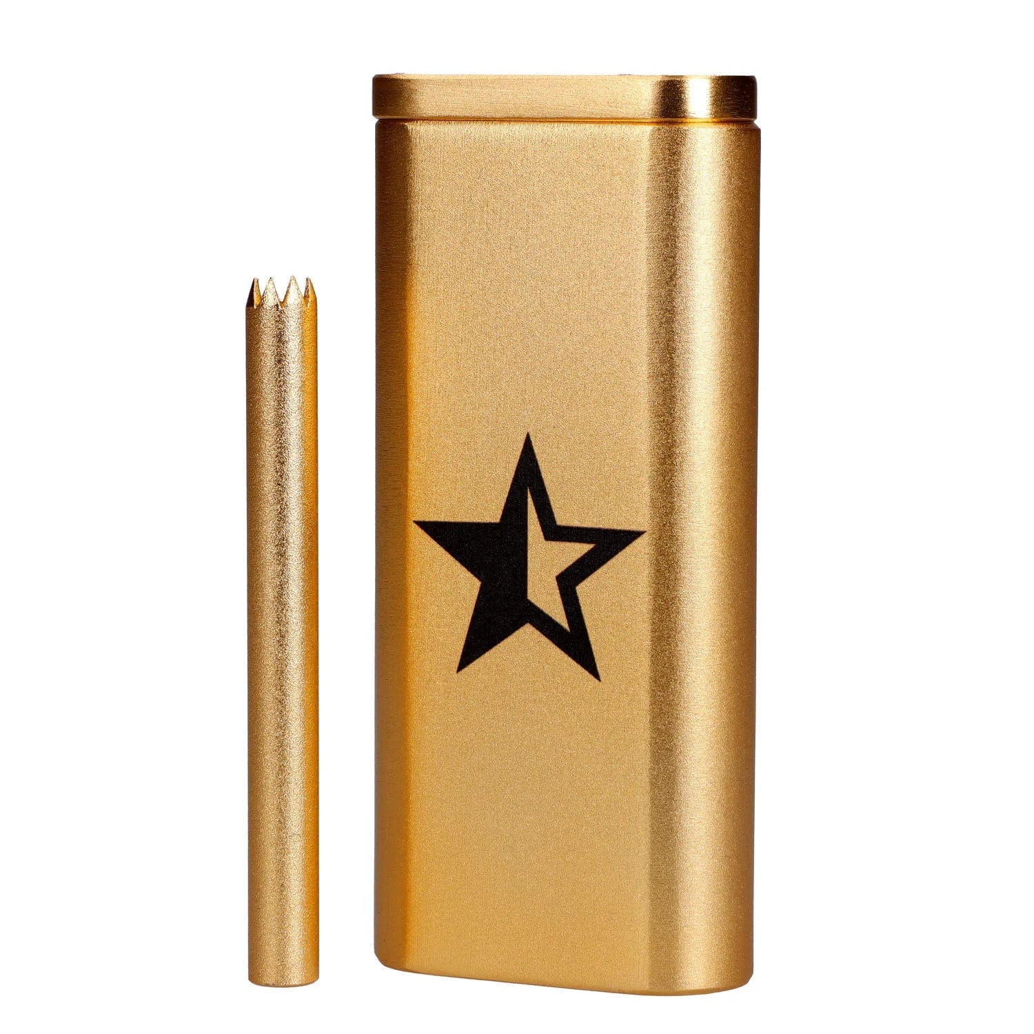 Close-up front view of the gold Famous X Aluminum Dugout showing the rectangular case with black star logo and its matching gold poker beside it.