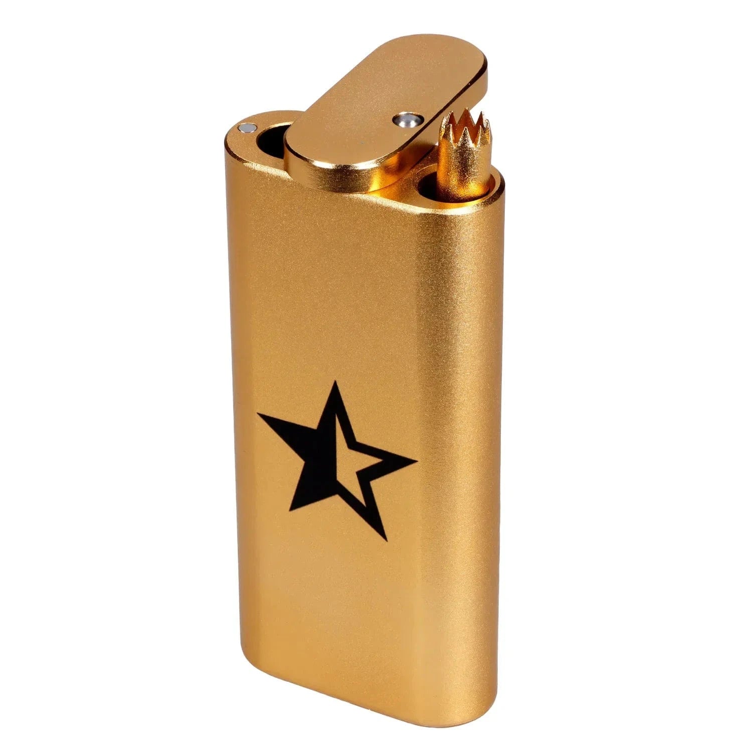 Close-up angled view of the gold Famous X Aluminum Dugout showing its flip-top compartment and black star logo.