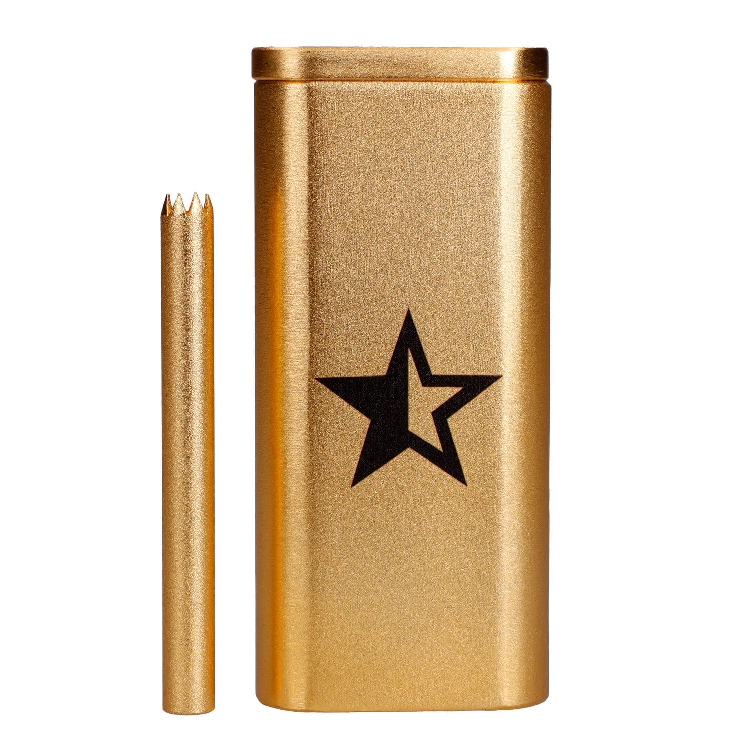 Close-up front view of the gold Famous X Aluminum Dugout showing a rectangular case with a black star logo and its matching cylindrical poking tool.