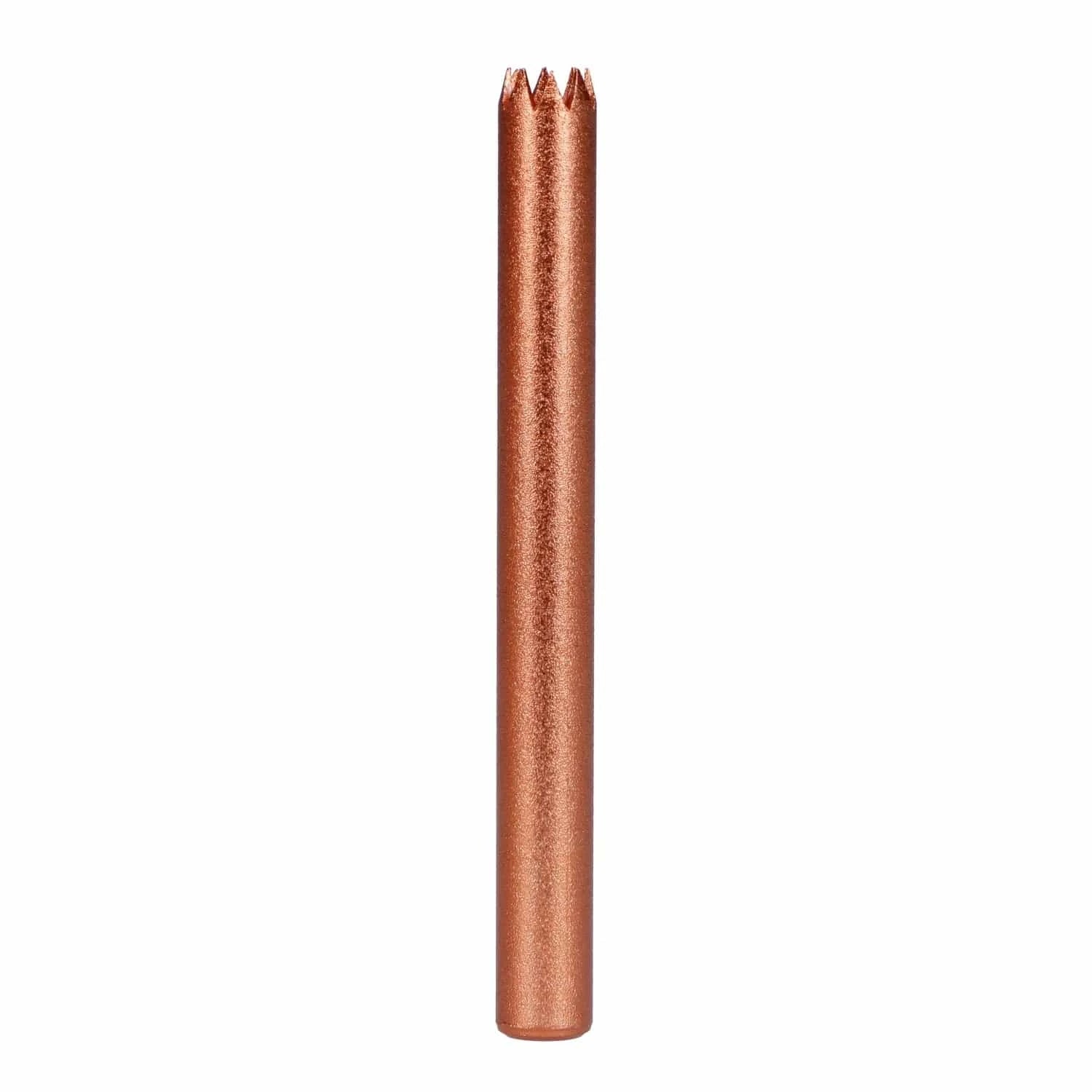 Centered vertical close-up of a copper-colored Famous X Aluminum Dugout tube with a serrated crown end against a white background