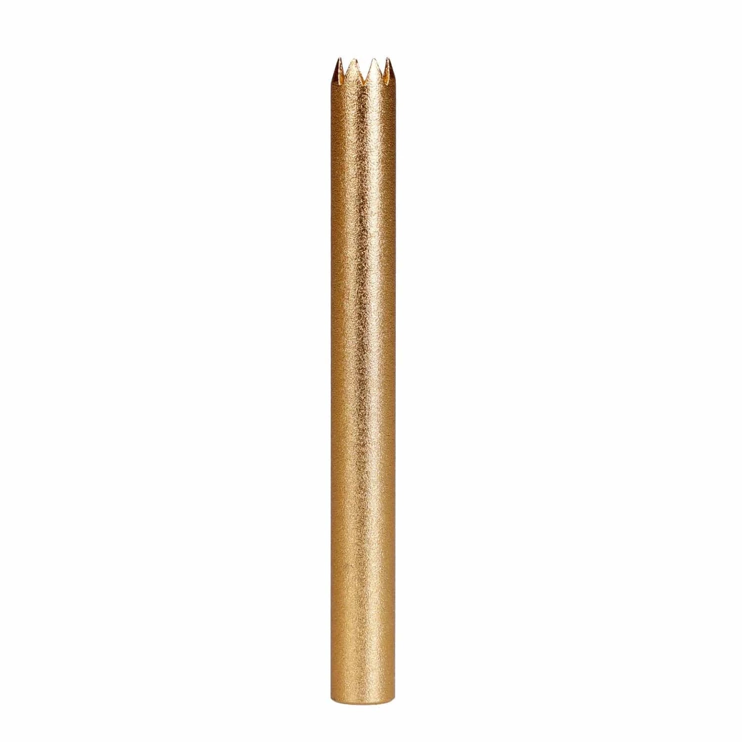 Vertical studio shot of the gold-toned Famous X Aluminum Dugout showing a textured cylindrical body and crown-cut top against a white background