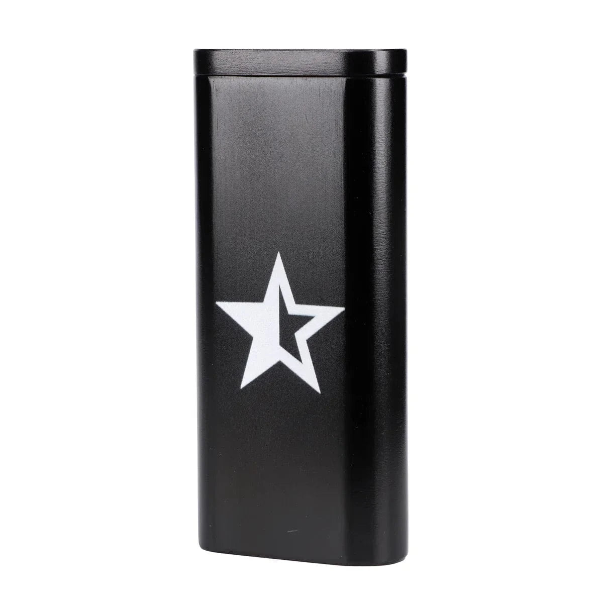 Front three-quarter view of a black Famous X Aluminum Dugout standing upright on a white background with a centered white star graphic on its face.