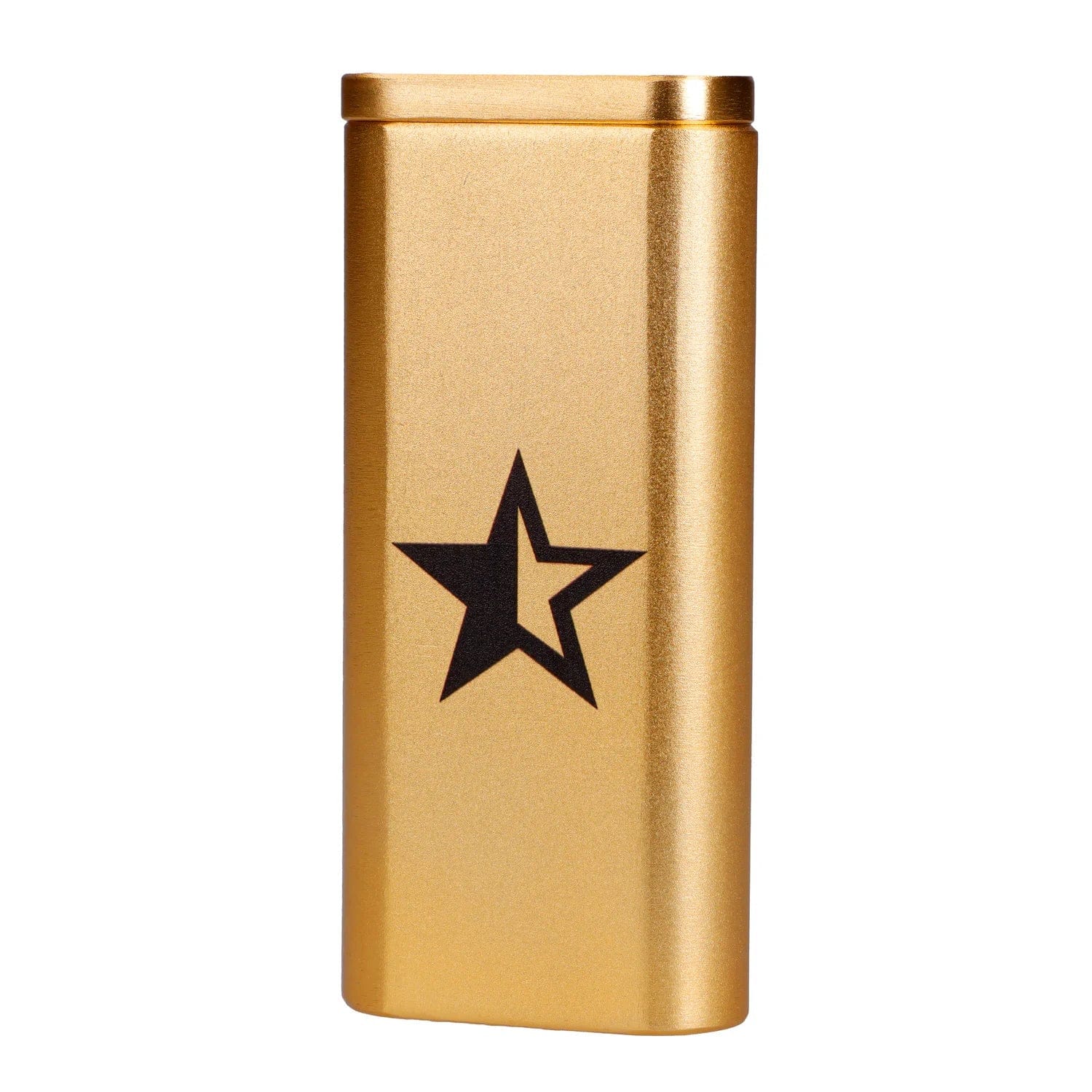 Close-up front view of the gold Famous X Aluminum Dugout showing a black star graphic on its smooth rectangular body.