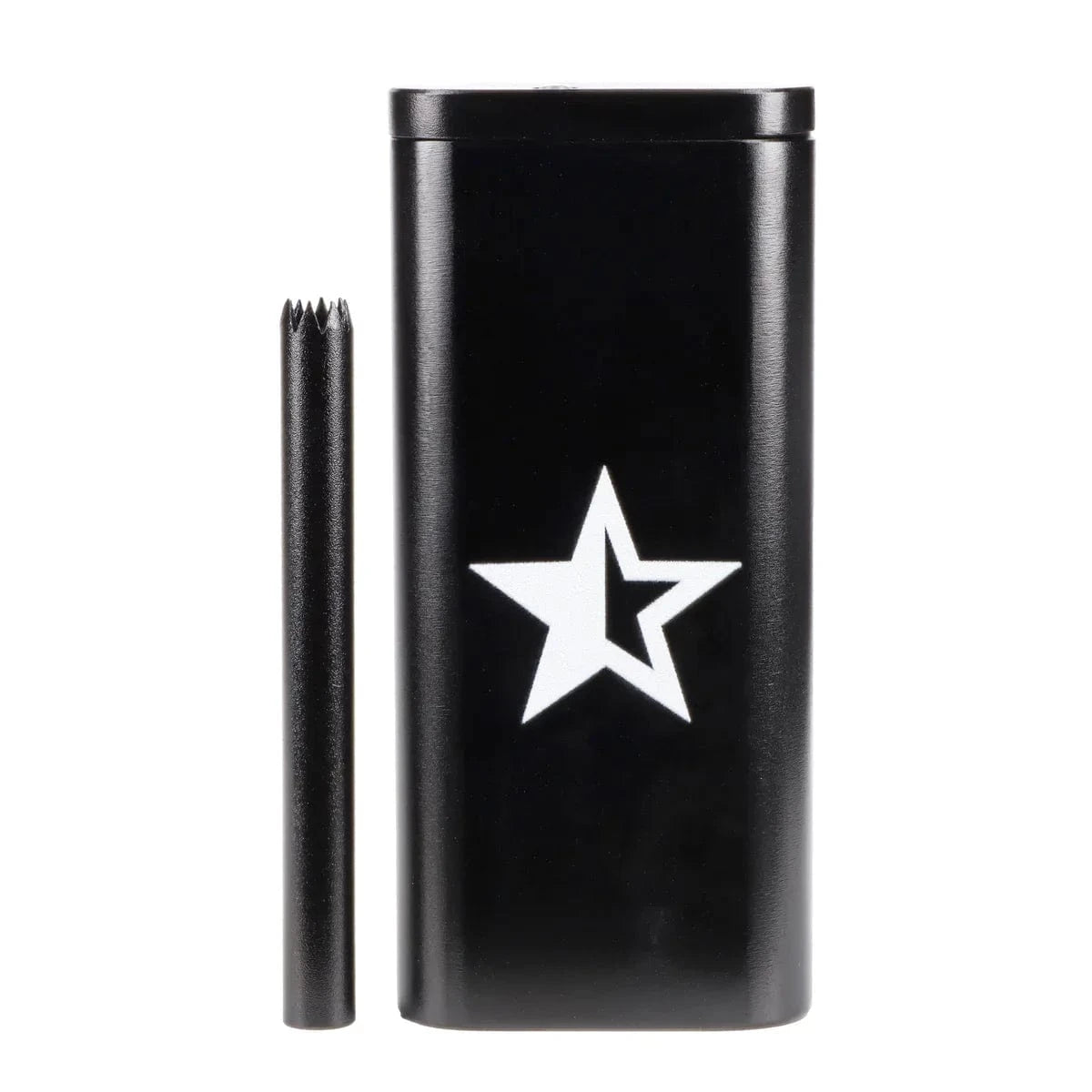 Front-facing studio shot of the Famous X Aluminum Dugout in black, showing its rectangular case with a white star logo and the cylindrical bat beside it.
