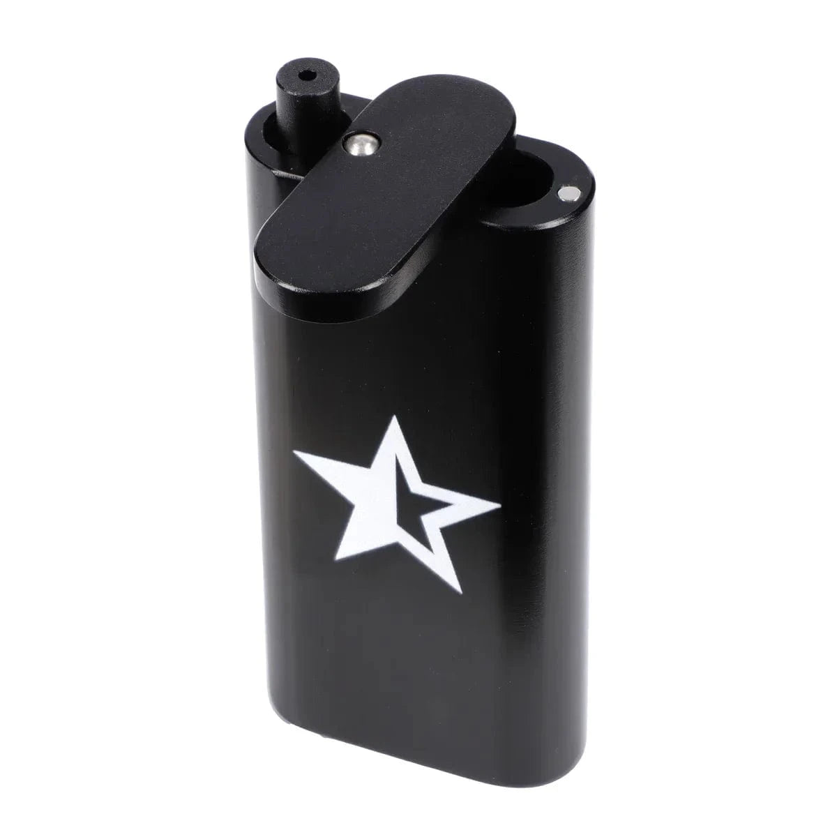 Angled close-up of the Famous X Aluminum Dugout in blue showing its flip-top, dual chambers, and white star graphic on a white background