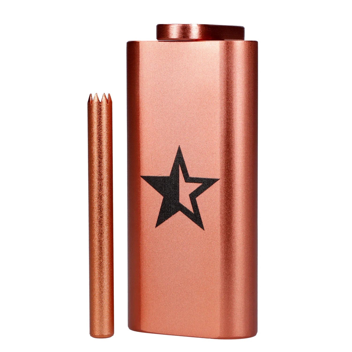 Close-up, front view of the copper-colored Famous X Aluminum Dugout showing its rectangular body with black star logo and matching bat beside it.
